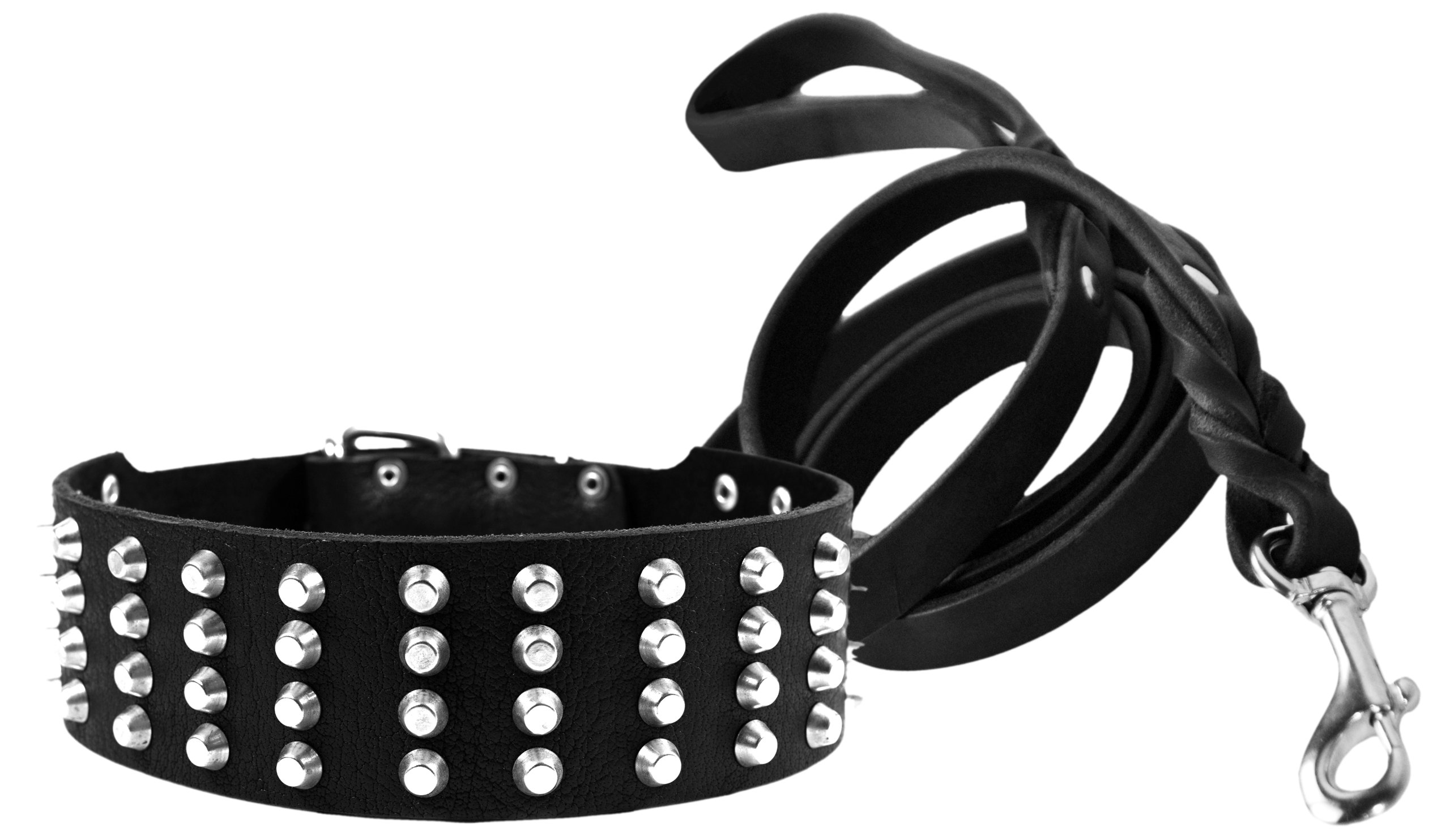 Collier 4 rangs clous en acier inoxydable et laisse en cuir noir Dean et Tyler
