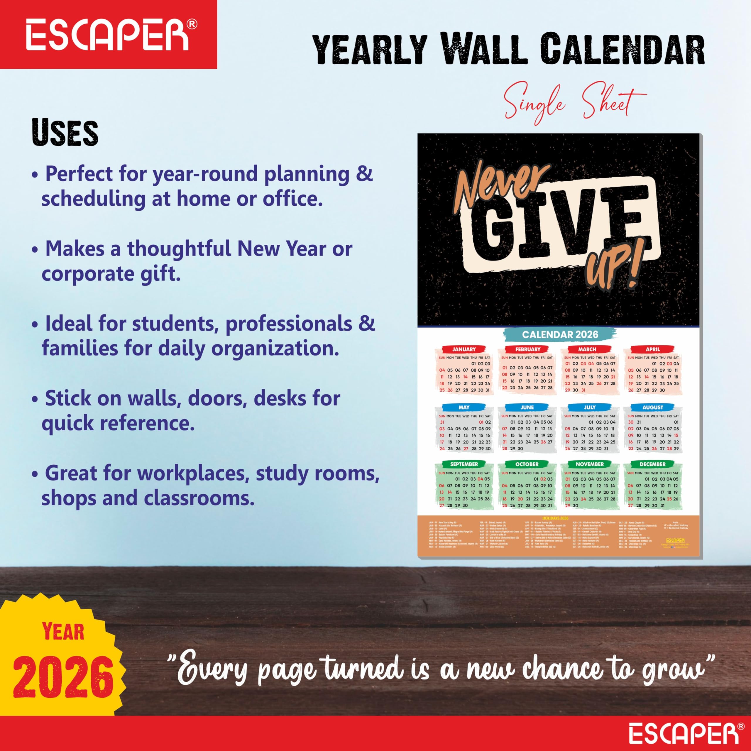 ESCAPER Calendario motivacional de pared de Año Nuevo 2026 - 45 x 30 cm, papel laminado de 300 g/m² con parte trasera autoadhesiva, calendario de citas inspiradoras para estudiantes, decoración del