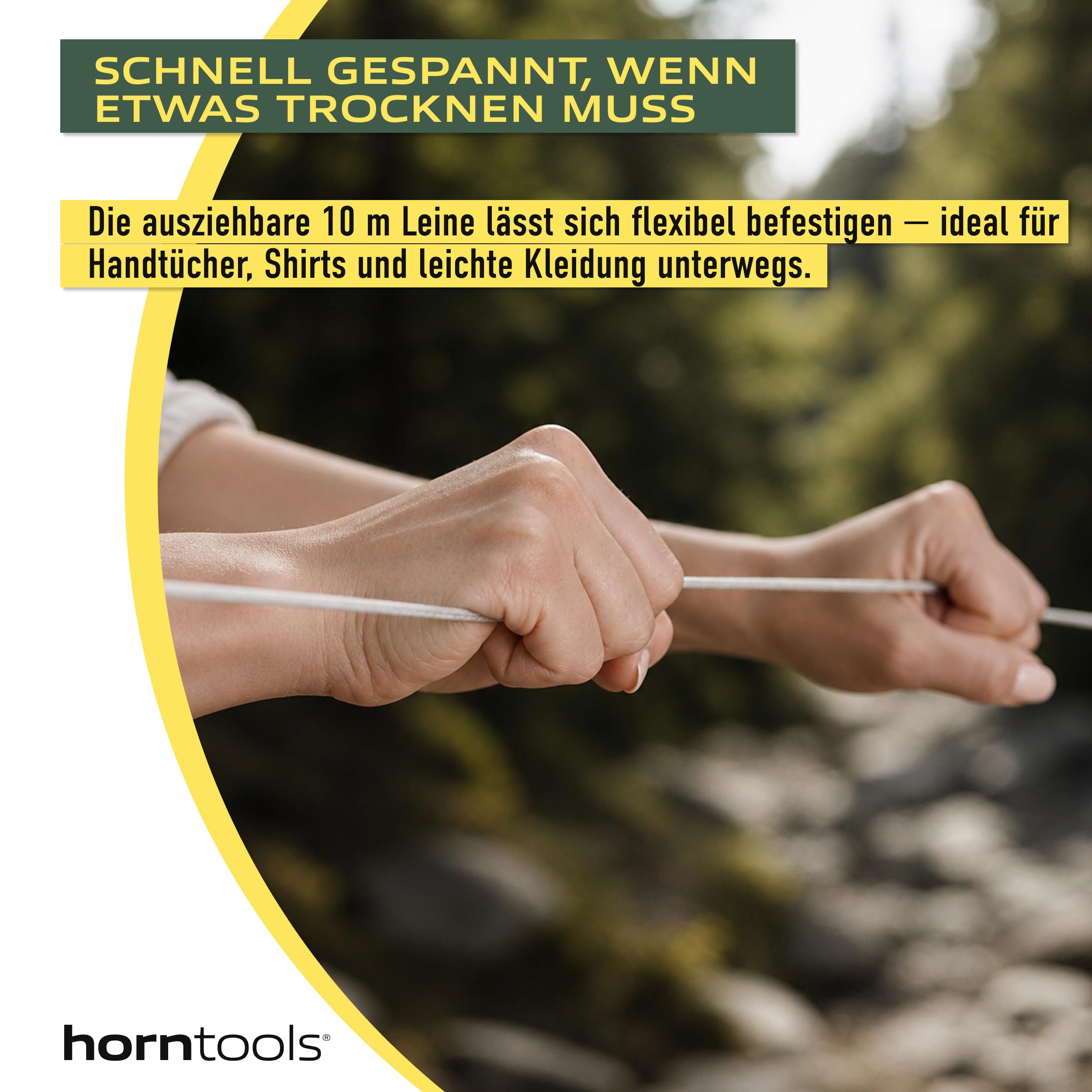 HORNTOOLS Camping Wäscheleine Ausziehbar 10m - Reisewäscheleine mit Klammern - Reisezubehör für Wohnwagen, Wohnmobil, Reisen & Overlanding - 20 Edelstahlklammern, Abstandshalter, Karabiner, 255g
