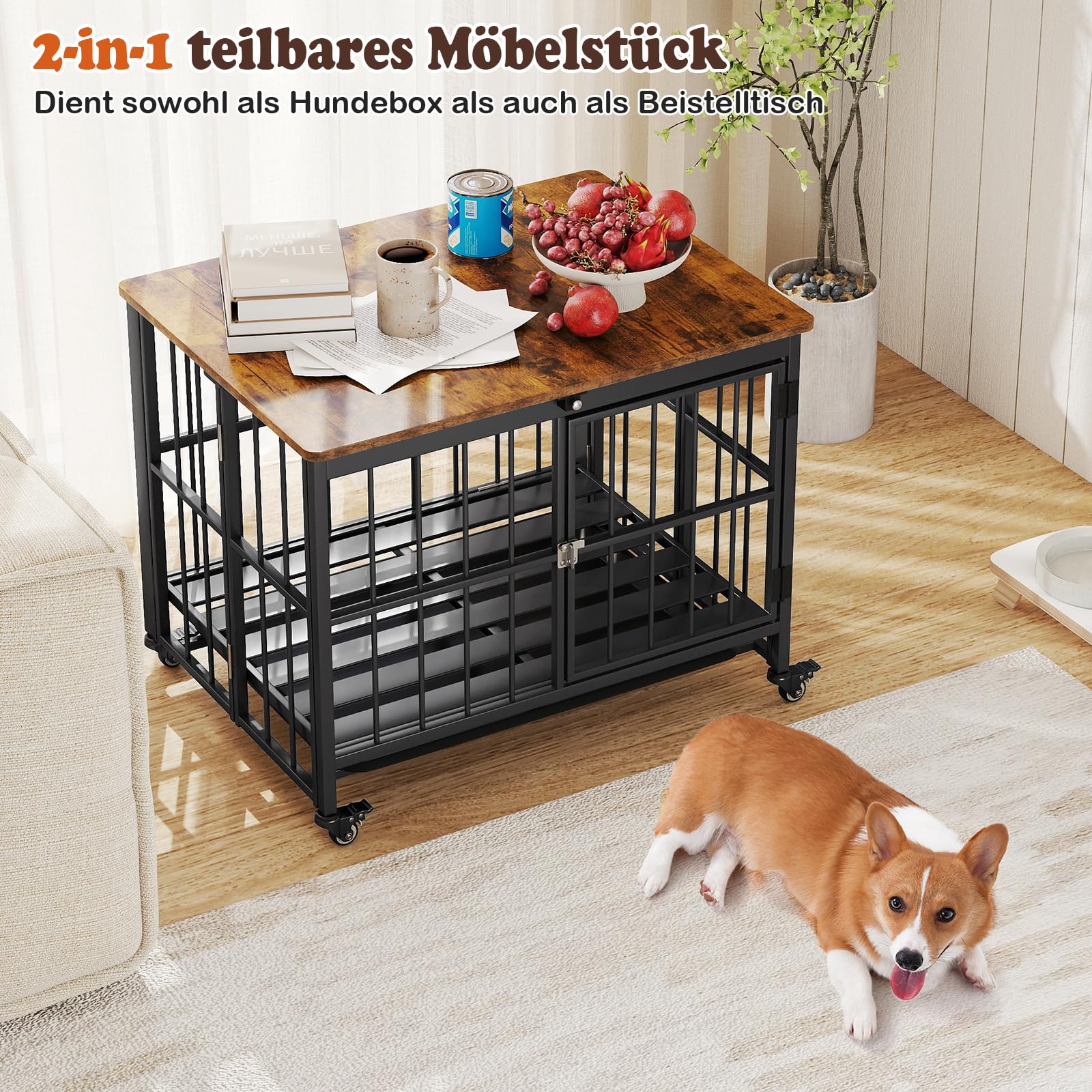 COSTWAY Hundekäfig Möbel, klappbar, Hundehütte mit Rollen, herausnehmbarem Tablett & abschließbarer Tür, 2 in 1 Beistelltisch Hundebox Indoor, Tierkäfig Metall Holz, Vintagebraun (80 x 61 x 64 cm)