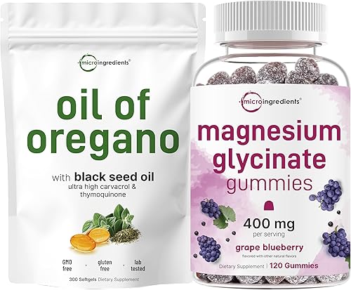 Micro Ingredients Gomitas de glicinato de magnesio y cápsulas blandas de aceite de orégano  Paquete  Sabor natural de uva a arándano  Potente forma