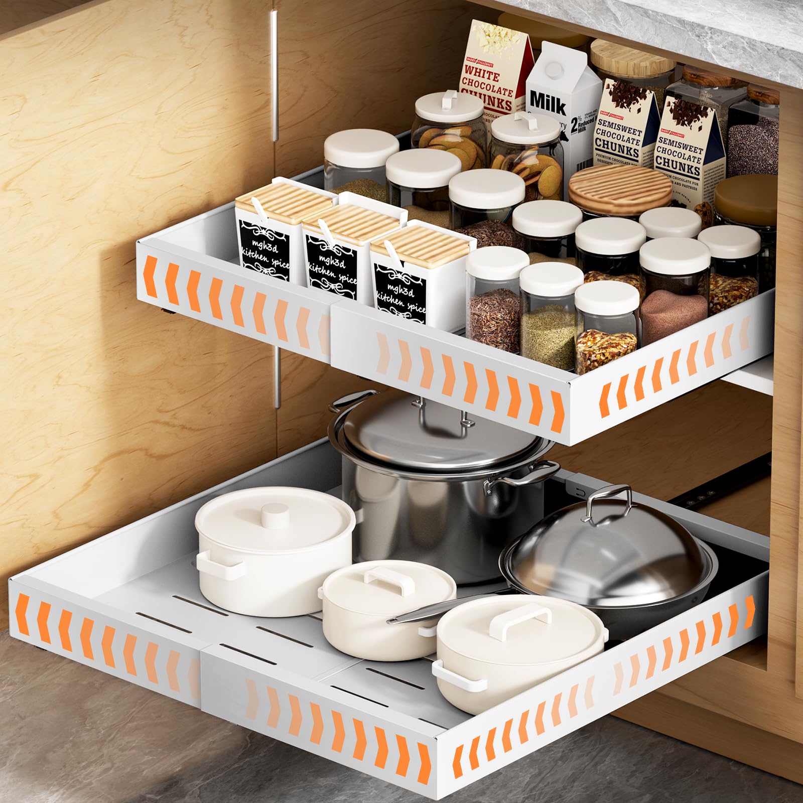 YJHome Cassetto da cucina espandibile con divisorio, profondità 42 cm e 32 – 52 cm di larghezza, organizer da cucina, organizzatore pantry, bianco, 2 pezzi