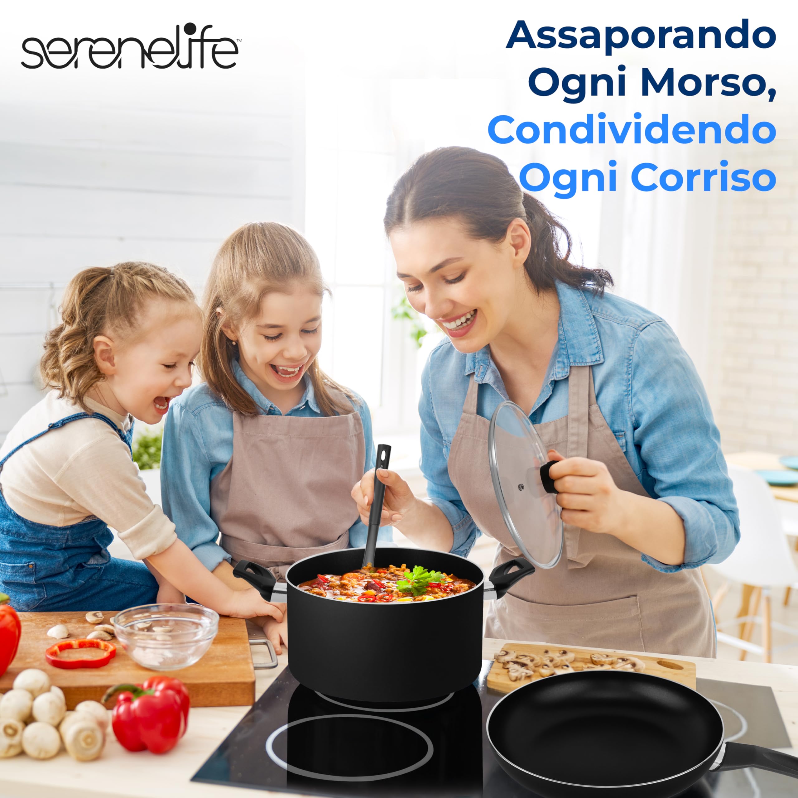 SereneLife Pentole e Padelle Set Cucina 15 Pezzi, Rivestimento Antiaderente Senza PFOA/PFOS, Smalto Resistente al Calore, Manici in Bachelite, Nero