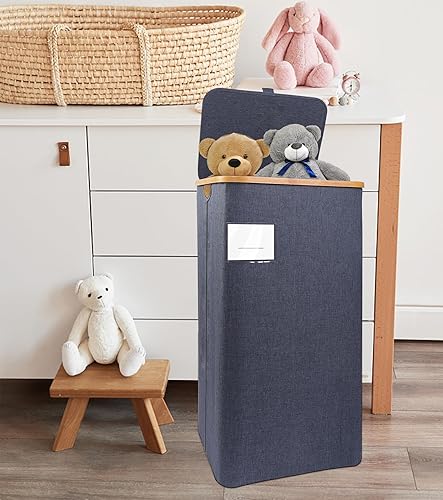 Miniatura 7 de ASKLENS Cesta de lavandería grande con tapa, cesta de lavandería alta de 100 litros con asas de bambú para ropa y juguetes, cesta de lavandería con