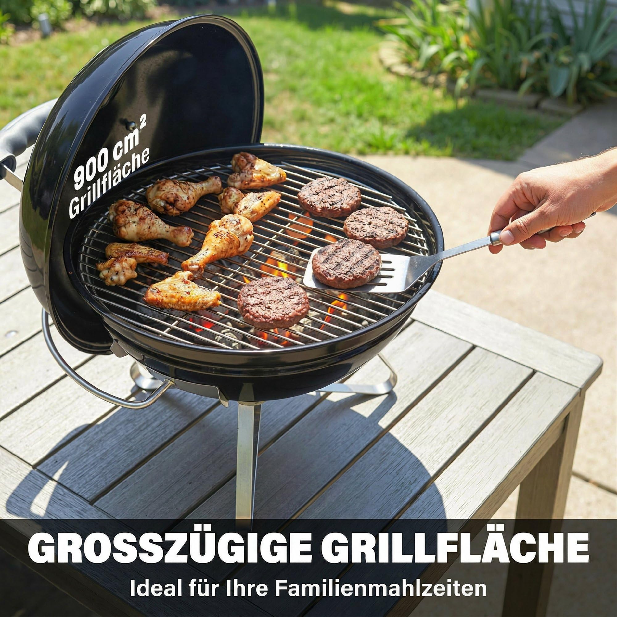 Outsunny Grill na węgiel drzewny, BBQ Smoker z uchwytem pokrywy, przenośny grill kulisty z regulowanymi otworami wentylacyjnymi, grill węglowy na kemping, taras, do ogrodu, 41 x 41 x 44 cm, czarny