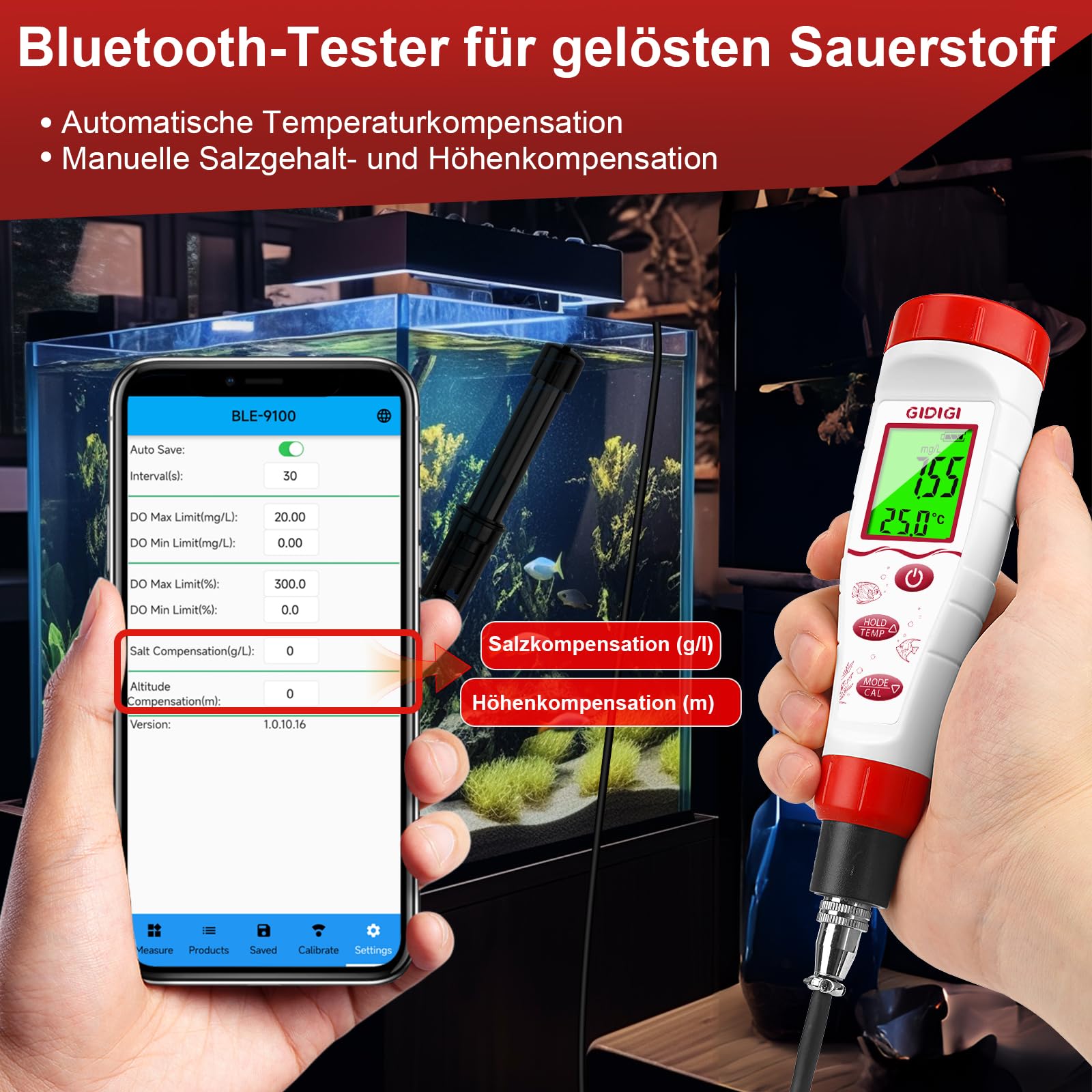 Digitales Messgerät für gelösten Sauerstoff, GIDIGI Intelligenter Tester für gelösten Sauerstoff mit ATC,DO tester mit 9.84ft langem DO Sondenkabel,Testkit für gelösten Sauerstoff für Aquarien,Teiche