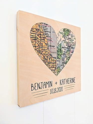 Miniatura 3 de Personalized Heart Map Art Engagement Gift Unique Wedding Gift for Couple Wood 5th Anniversary Gift