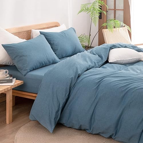 Miniatura 2 de BESTOUCH Juego de funda de edredón 100% algodón lavado, tacto súper suave, cómodo, elegante, ligero, juego de ropa de cama de 3 piezas, color azul