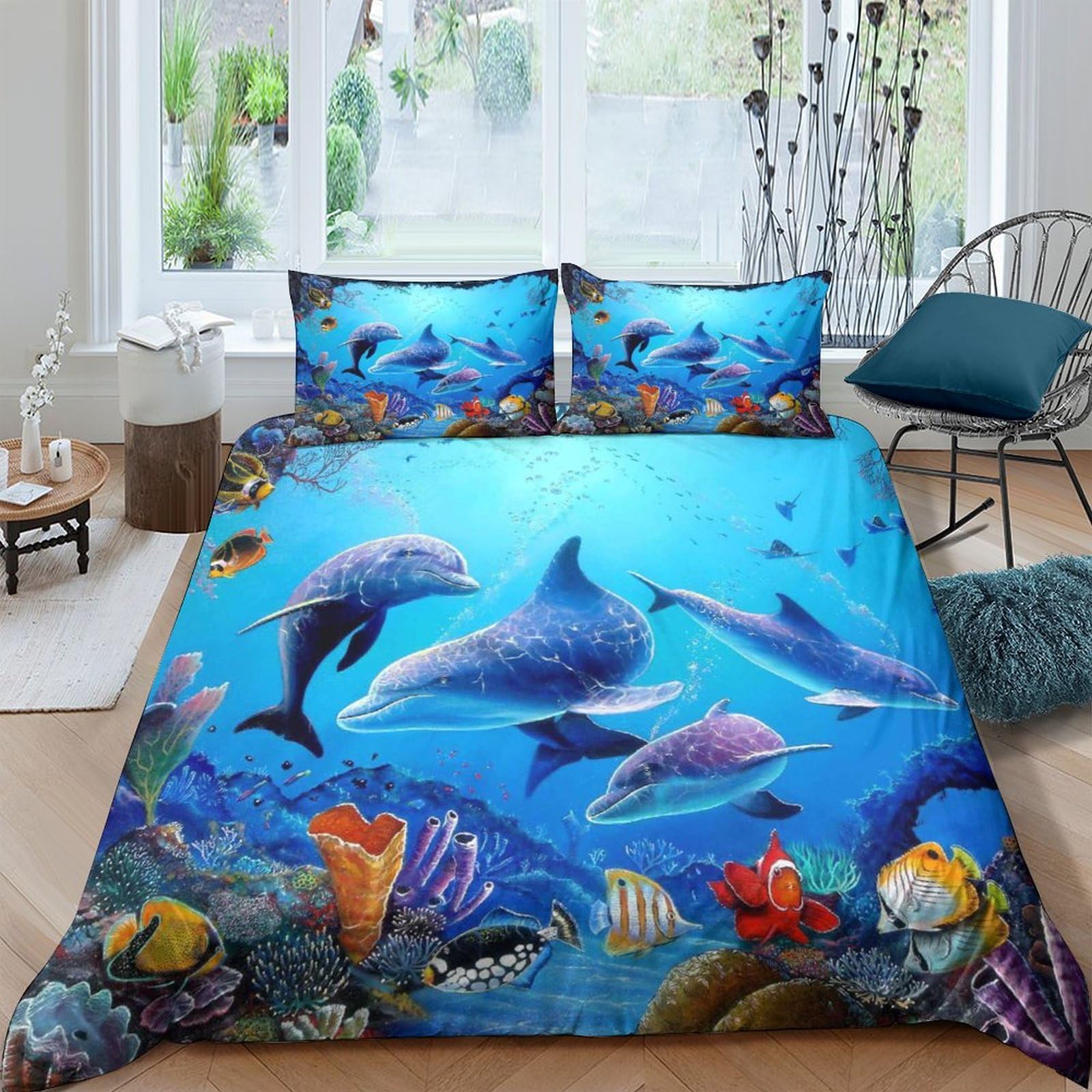 Housse de couette dauphin 220x240 cm parure de lit 3 pièces microfibre monde sous-marin