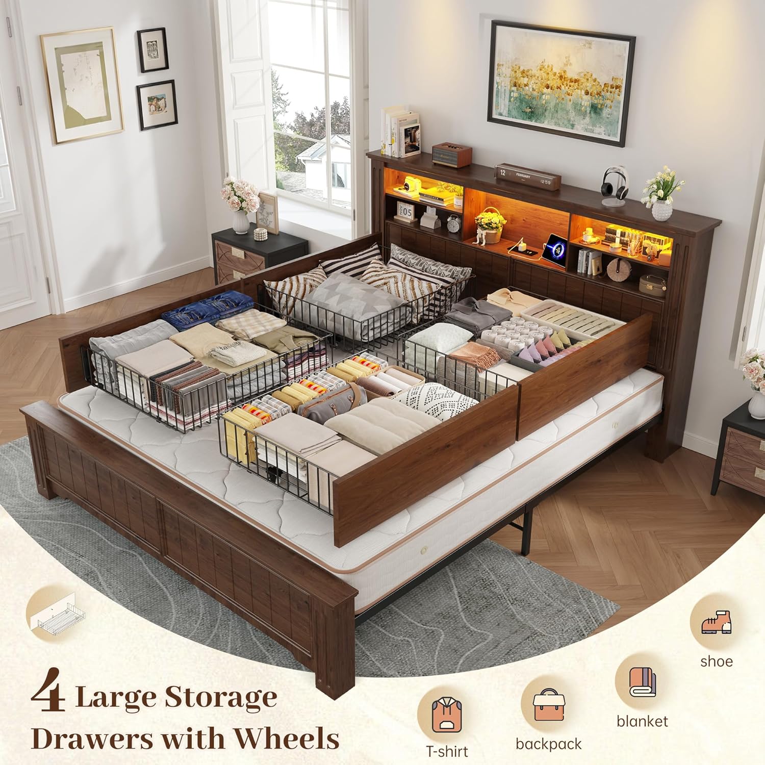 EnHomee Queen Bed Frame with 4 Storage Drawers, Bed Frame Queen Size with Headboard, Queen Bed with LED Lights & Charging Ports,No Box Spring Needed,NO Noise,Wooden, Brown