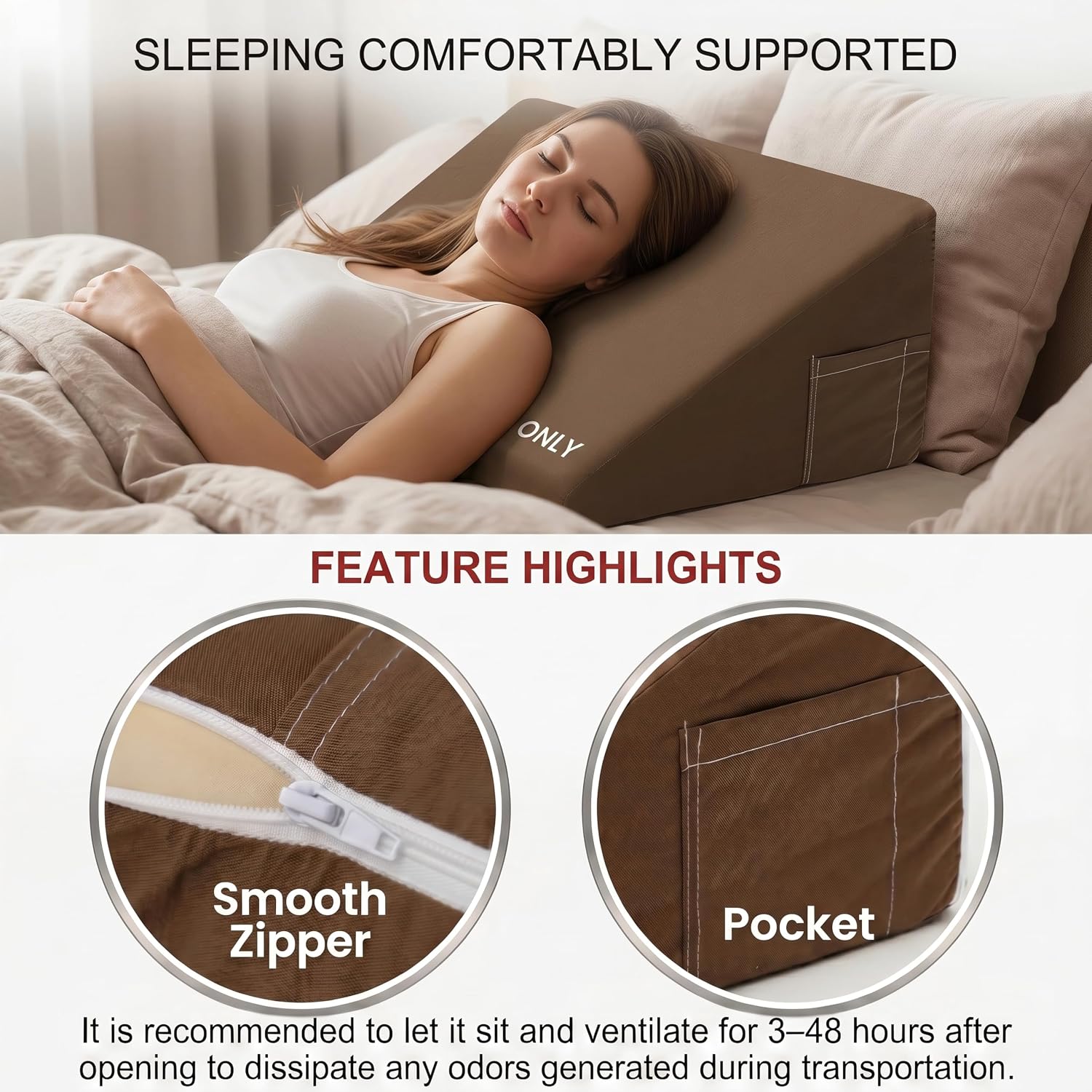 Bed Wedge Pillow Cover Only 24x24x7.5 Inch, Silky & Smooth Wedge Pillow Cases, Removable & Machine Washable-Zipper Design Pillowcase