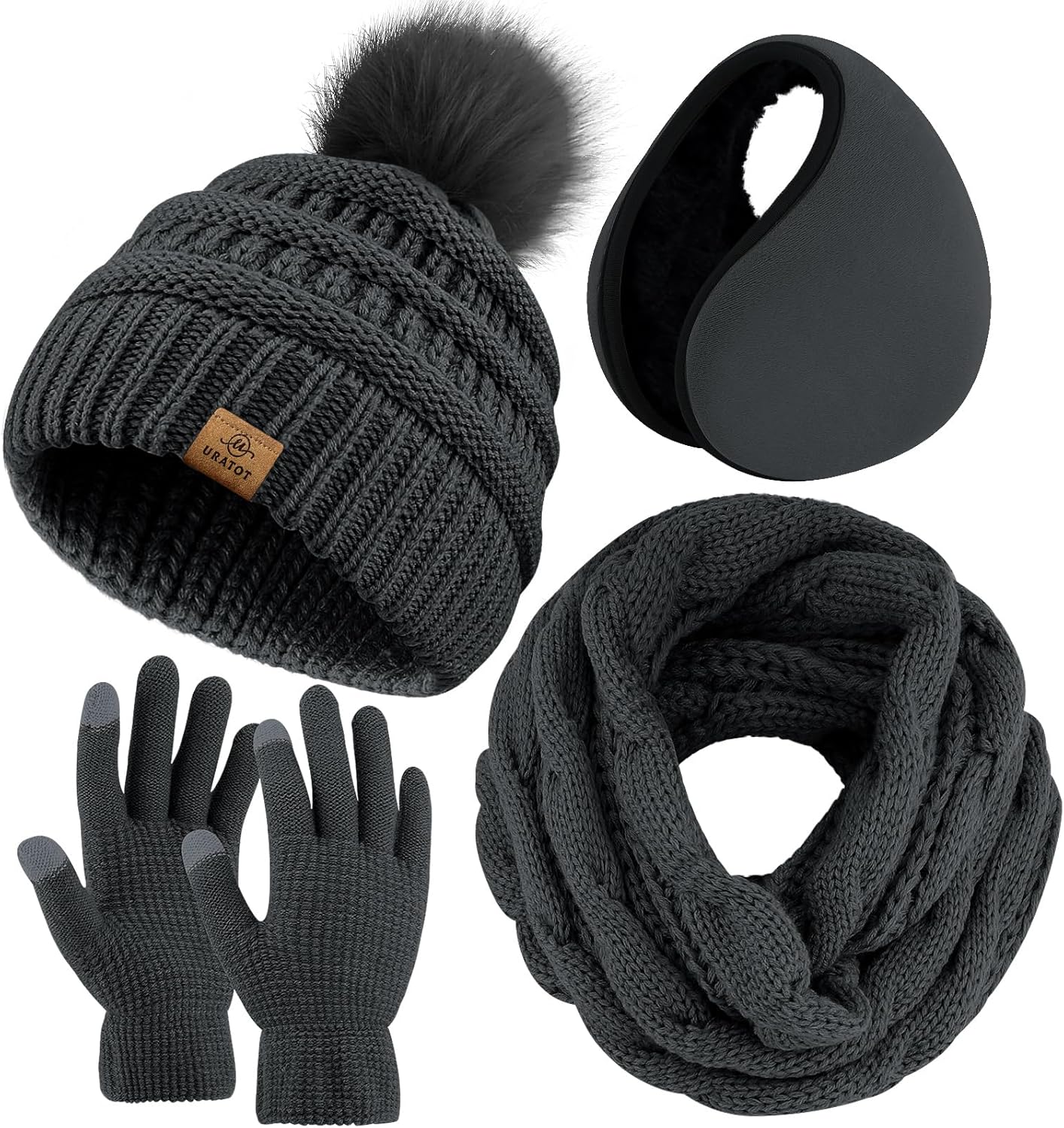 URATOT 4-In-1 Winter Warm Sets Knitted Scarf Touch Screen Gloves Beanie Pompom Hat and Winter Ear Warmer for Men or Women URATOT 4-In-1 Winter Warm Sets Knitted Scarf Touch Screen Gloves Beanie Pompom Hat and Winter Ear Warmer for Men or Women