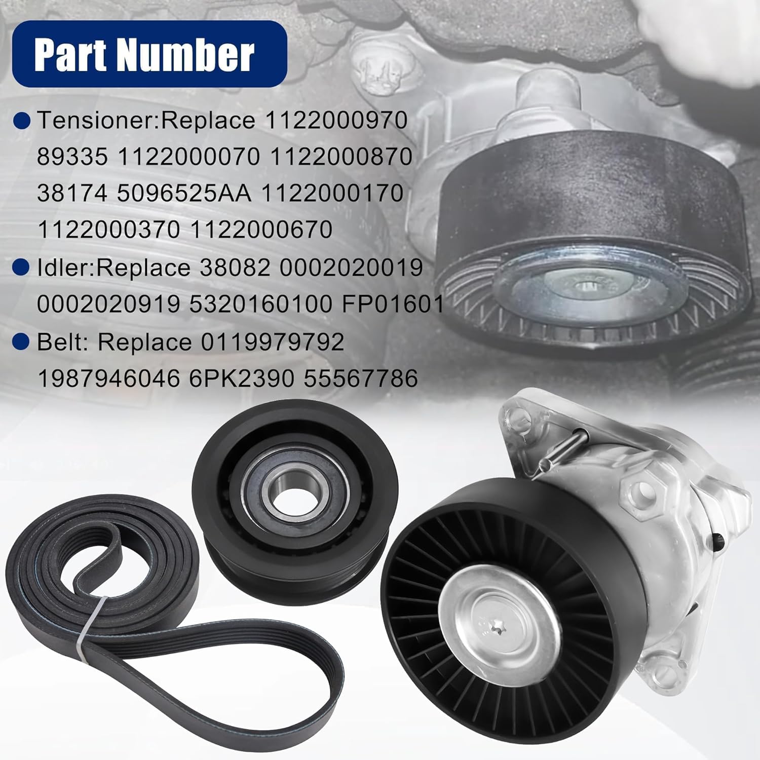 1122000970 Belt Tensioner and Idler Pulley with Drive Belt Assembly Kit Compatible with Mercedes-Benz C240 2002-2005 C280 1998-2000 C320 2002-2005 S430 2000-2004 CL500 CLK320 E320 E430 E500 CL55 S350