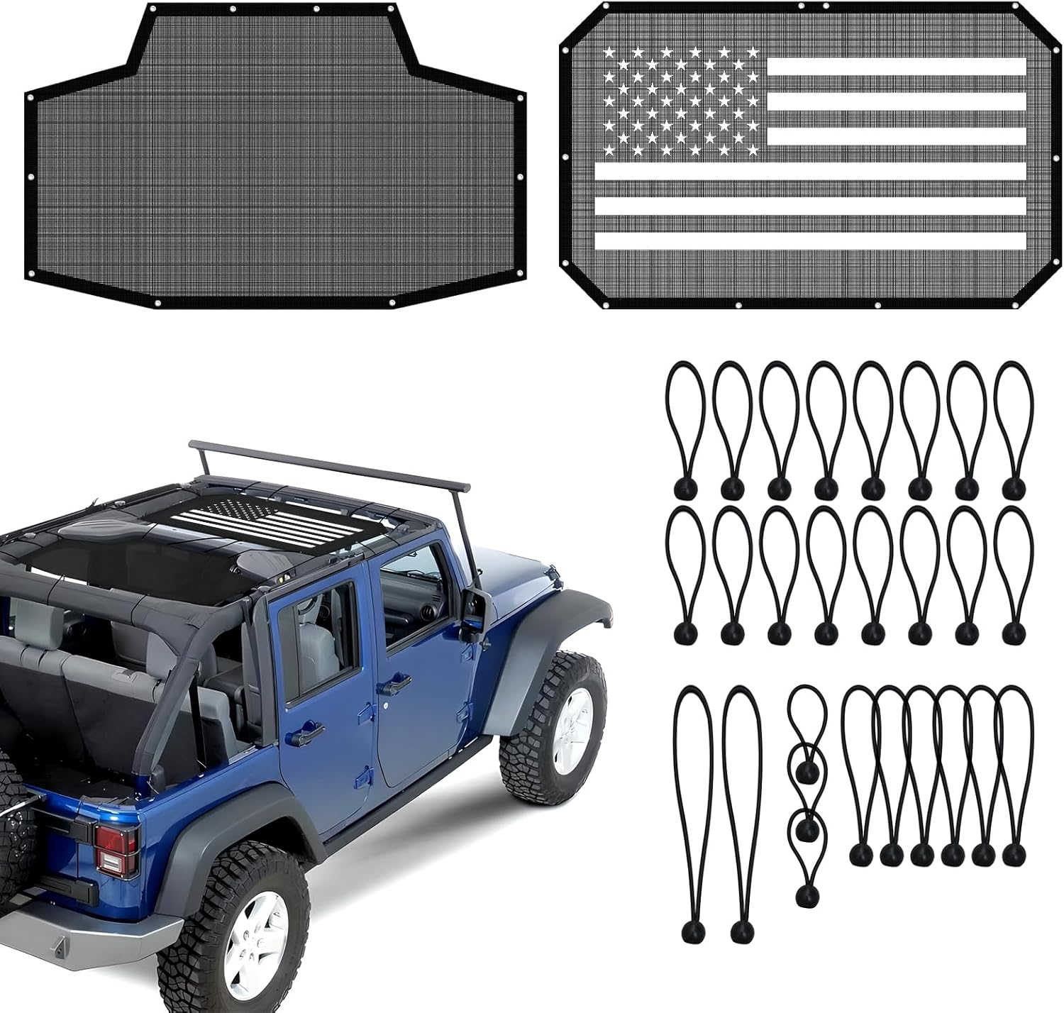 JKU Sunshade Mesh for 2007-2018 Jeep Wrangler JK Unlimited 4 Door, UV Protection Front & Rear Seat Cover, Thick PVC (American Flag & Black)