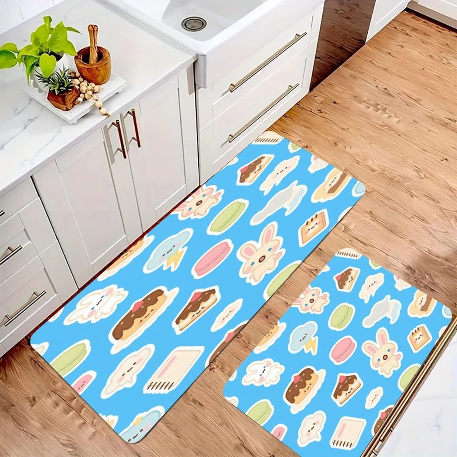 Blue Bunny Cake Kitchen Mat Kitchen Rug Set | Kitchen Rugs Flannel Velvety Washable breathable Water Absorbent Soft ，kitchen utensils for Kitchen, Floor,Laundry