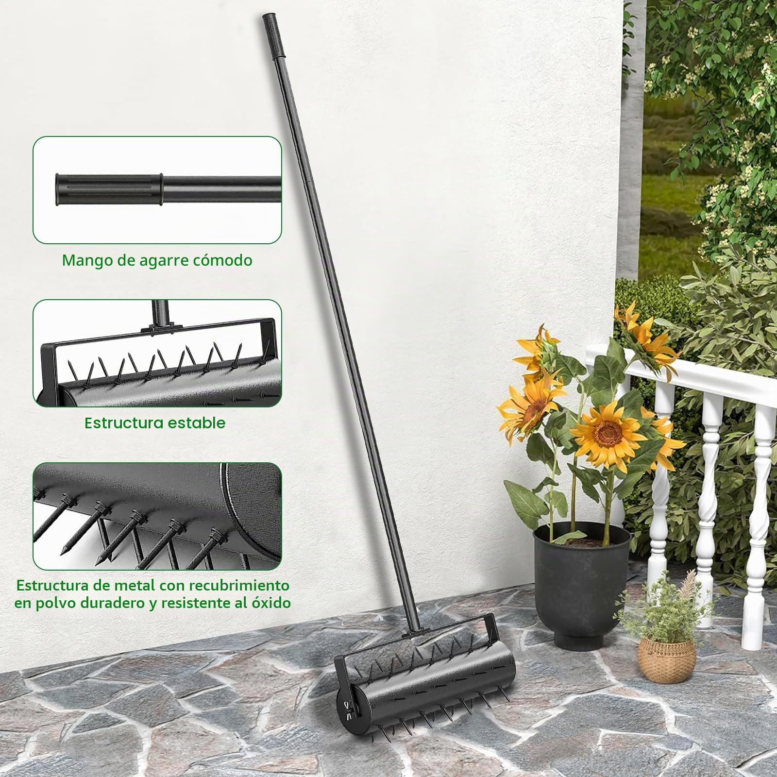 JAOGAUS Aireador y Escarificador de Césped Manual, Rodillo con Mango de Metal Extraíble Telescópico Ajustable de 3 Niveles, Clavos de 5 Cm, Herramienta Resistente para Jardín y Patios