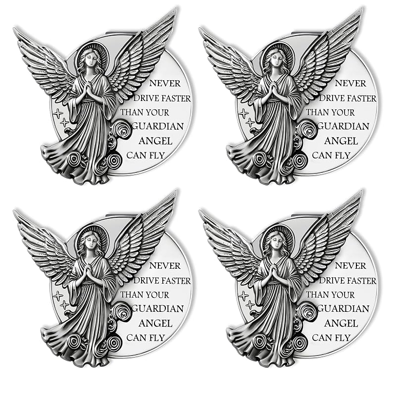 Clipe para Para-Sol de Anjo da Guarda Meliatomia com Frase Inspiradora Prateado Kit com 4 Peças