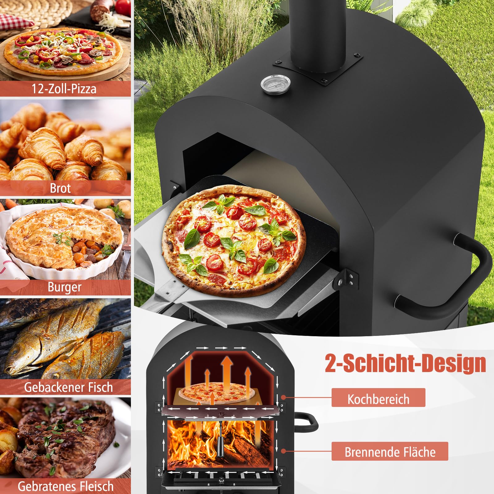 COSTWAY Pizzaofen Outdoor, holzbefeuerter Pizza Ofen mit Thermometer, Griff, Rädern, wasserdichter Abdeckung, Ascheauffangschublade