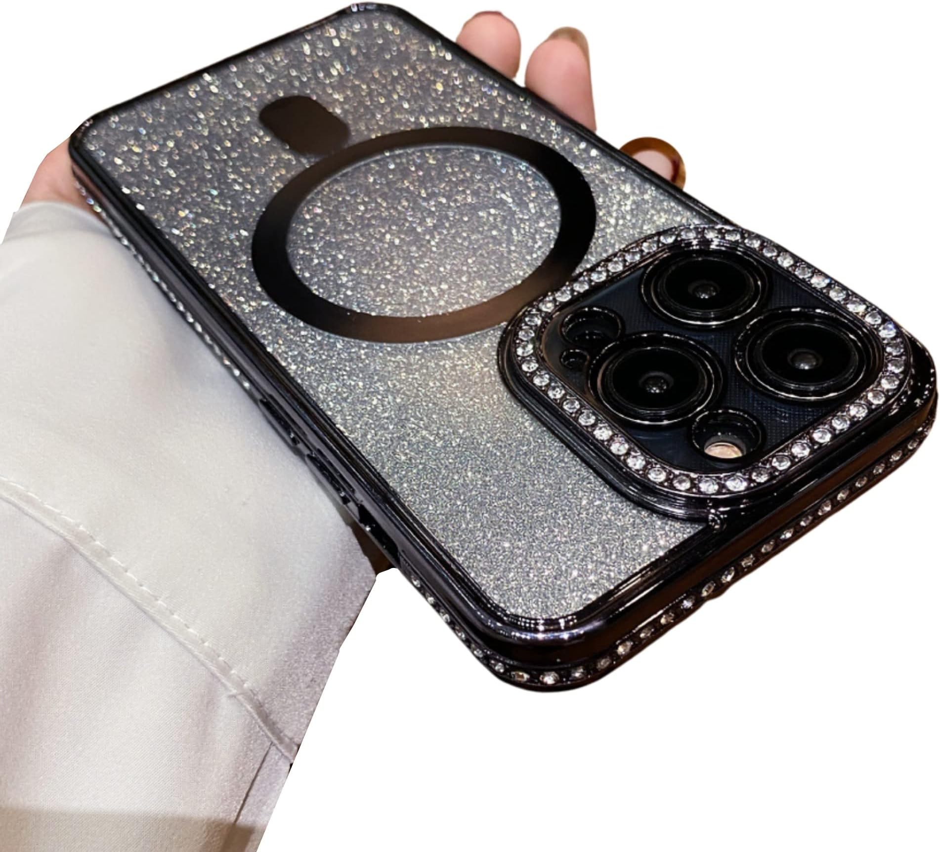 YTanazing iPhone 14 Pro Max Magnetic Glitter Case, Luxury Plating Cute Bling Rhinestones Diamond Soft Bumper with Camera Protector Compatible with MagSafe for Women Girls (Black)