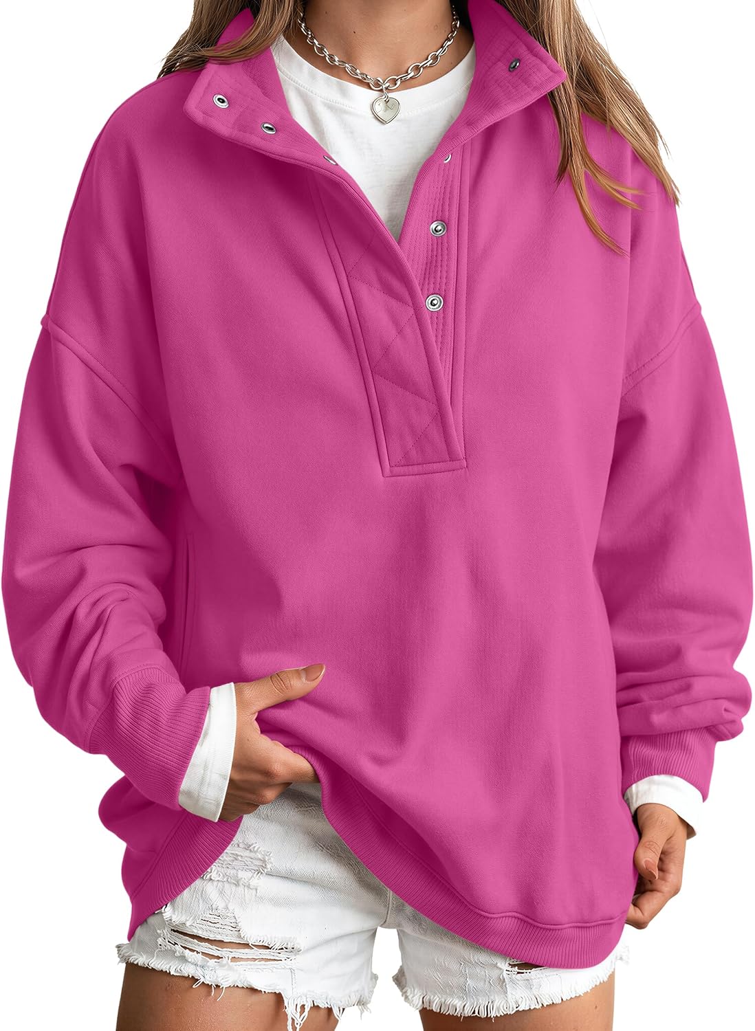 Trendy Queen Womens Oversized Sweatshirts with Snap Button Henley Collar