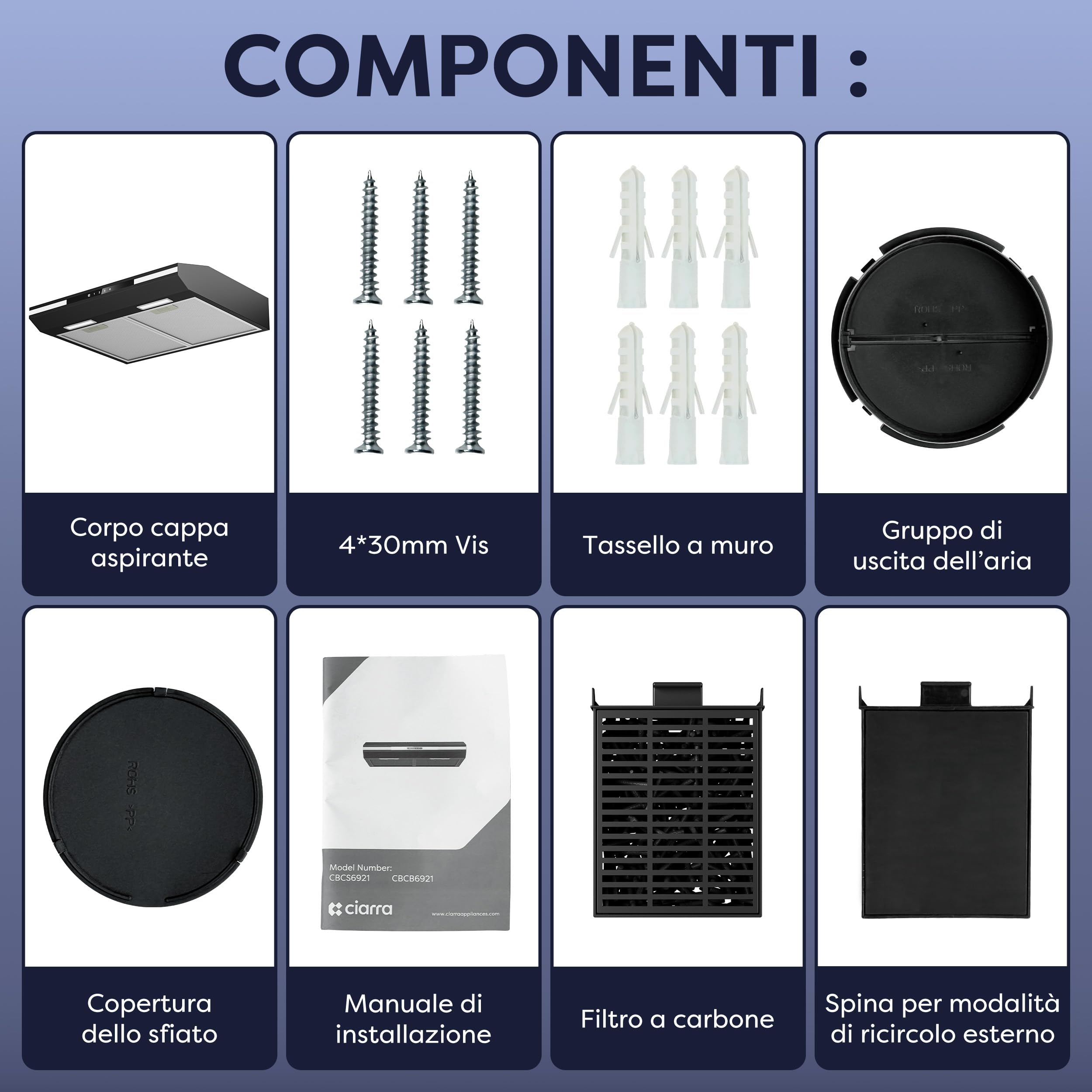 CIARRA CBCB6921 Cappa Aspirante 60cm Classe A+, 3 Velocità 300m³/h, Ricircolo ed Espulsione, Touch Screen Luce Ambientale Extra Cappa Sottopensile Nero con Filtro Carbone CBCF011
