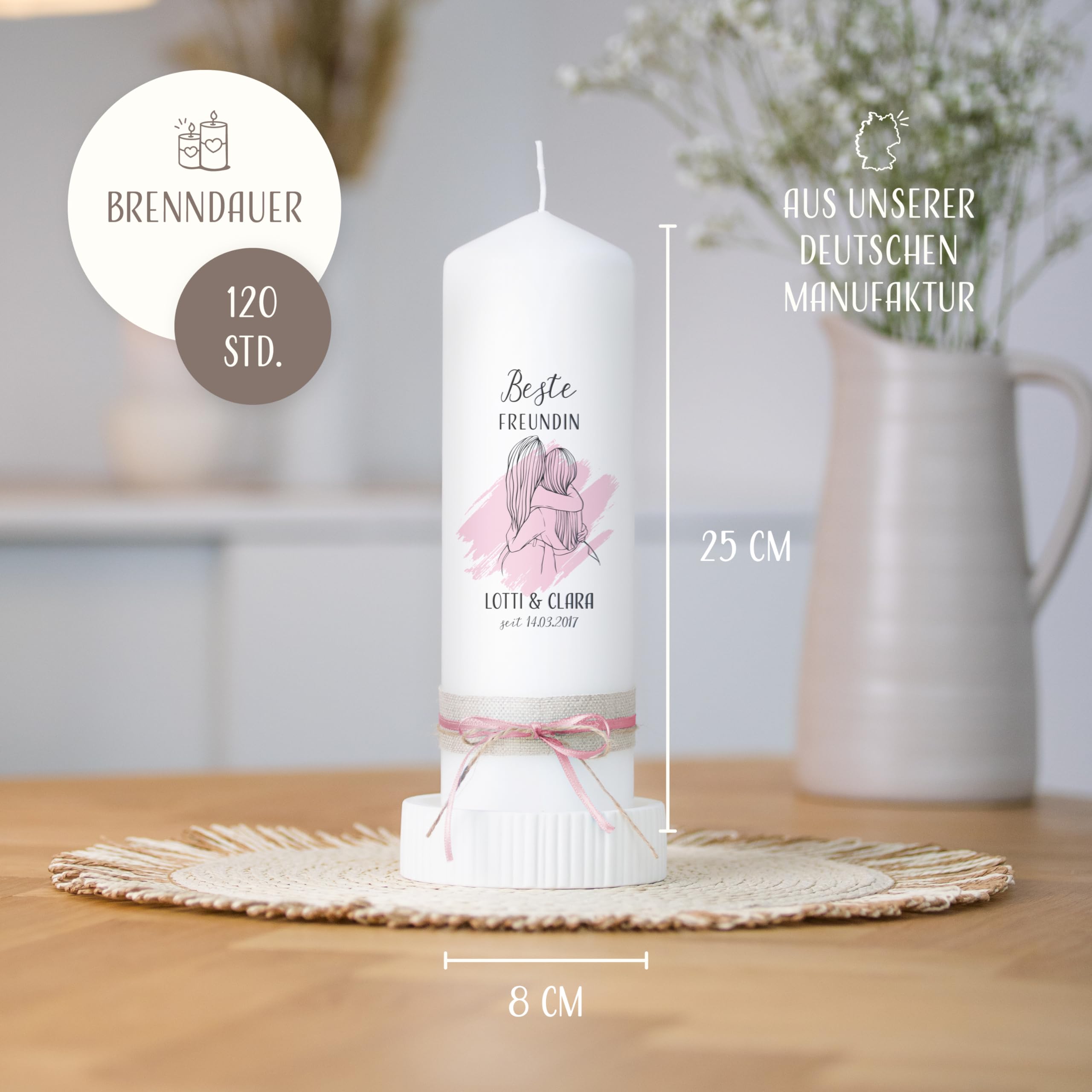 AMARI ® Freundschaftskerze BFF (002.01.01) H:25cm personalisiert -Beste Freundin Kerze - Geschenk für die beste Freundin - Besondere Kerze mit Namen & Aufschrift - Handgefertigt in Deutschland