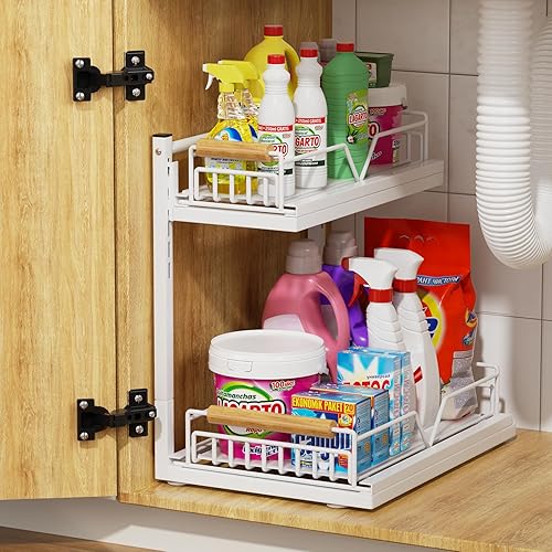 Organizador para debajo del fregadero, organizador de armario extraíble de 2 niveles de altura ajustable con cajón deslizante, almacenamiento debajo