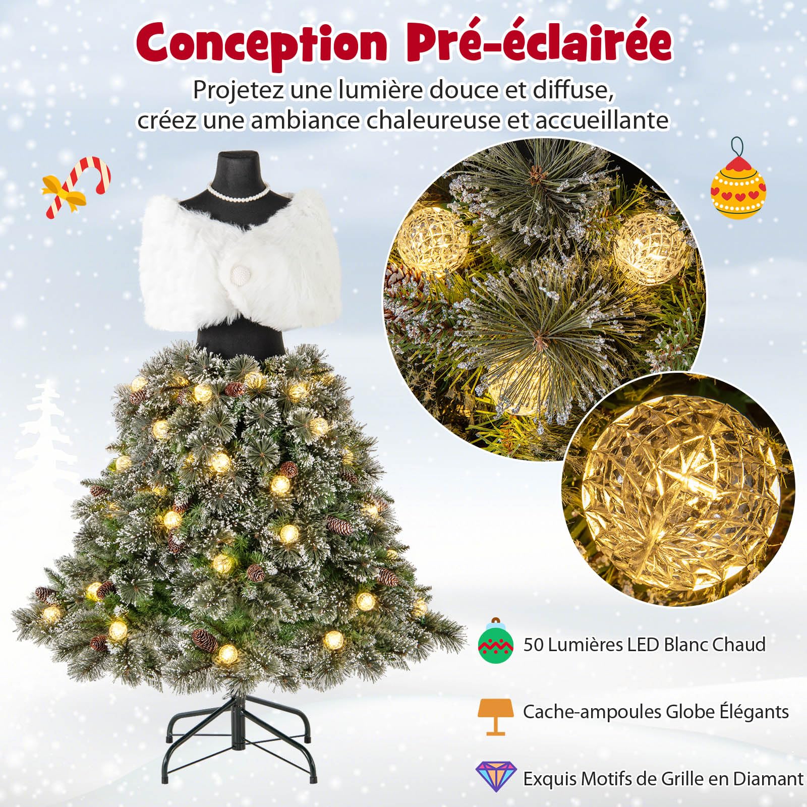 GYMAX Sapin de Noël Artificiel 150 cm Lumineux et Mannequin 2-en-1, avec Châle Blanc, Collier, 50 Lumières LED Blanc Chaud, 465 Branches et 36 Pommes de Pin, Décoration pour Magasin, Maison