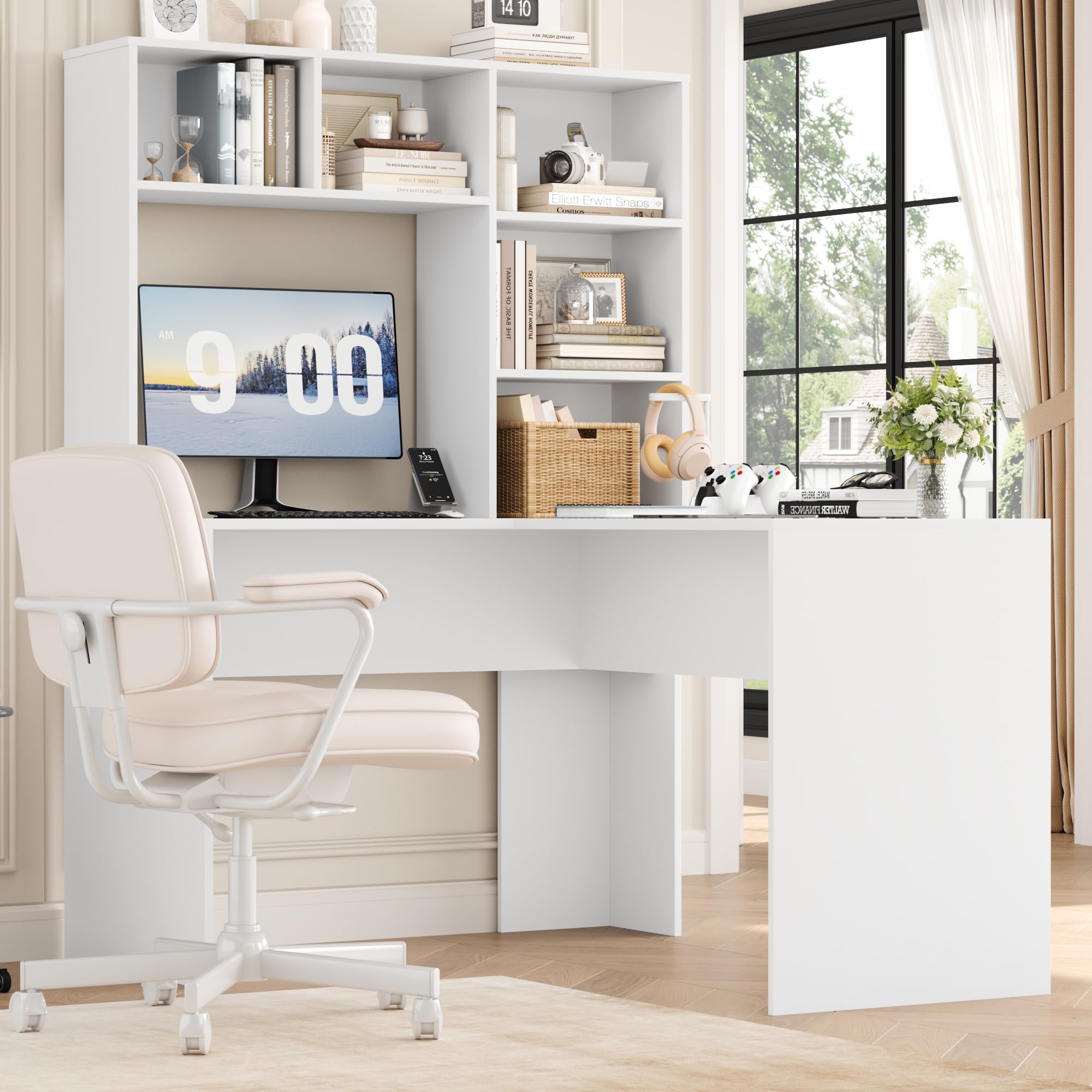 FirFurd Eckschreibtisch mit Steckdosenleiste, Schreibtisch L Form, weiß | Schreibtisch mit Stauraum, Computertisch mit Bücherregal, Eckschreibtisch für Homeoffice, Büro, Arbeitszimmer, 153x125x108cm