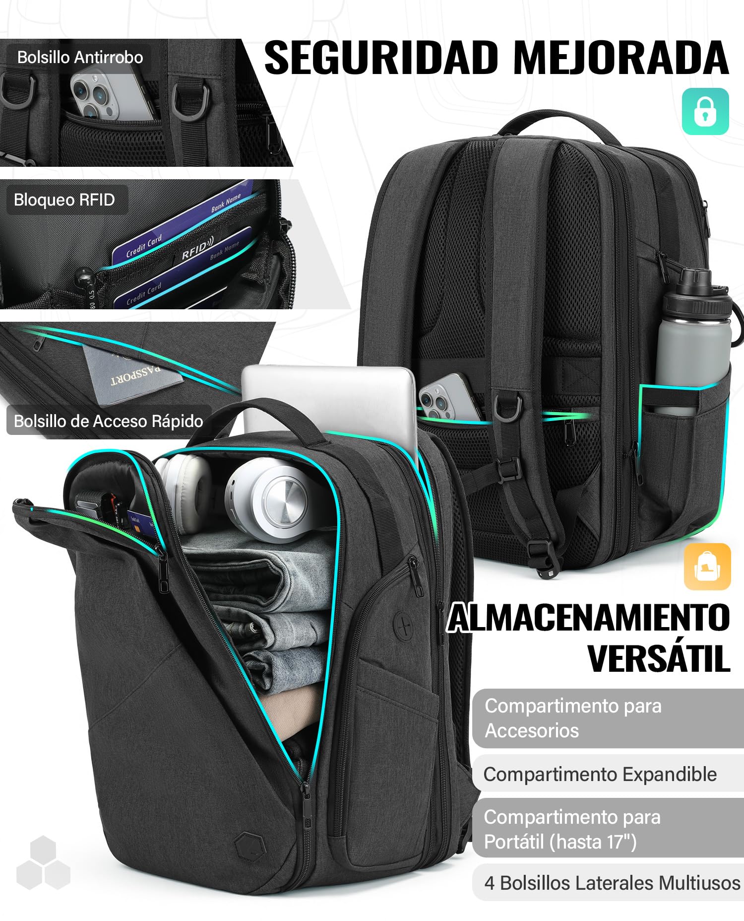 VANKEV Mochila de Viaje Expandible Equipaje de Mano para EasyJet Bolsa PC | 30L-38L, Gran Capacidad, Mochila Ligera para Portátil 17", Mochila de Viaje Casual para Hombre y Mujer, Gris Basalto