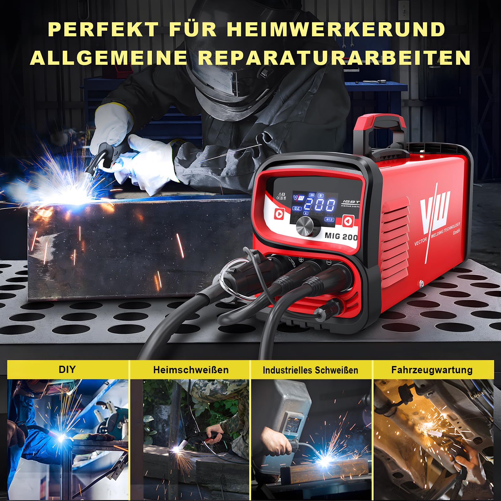 VECTOR WELDING MIG Schweißgerät 200 A Set, Fülldraht Schweissgerät, Elektrodenschweißgerät mit Digitales Display Leistungsstark für vielseitiges MIG, MAG und MMA Schweißen