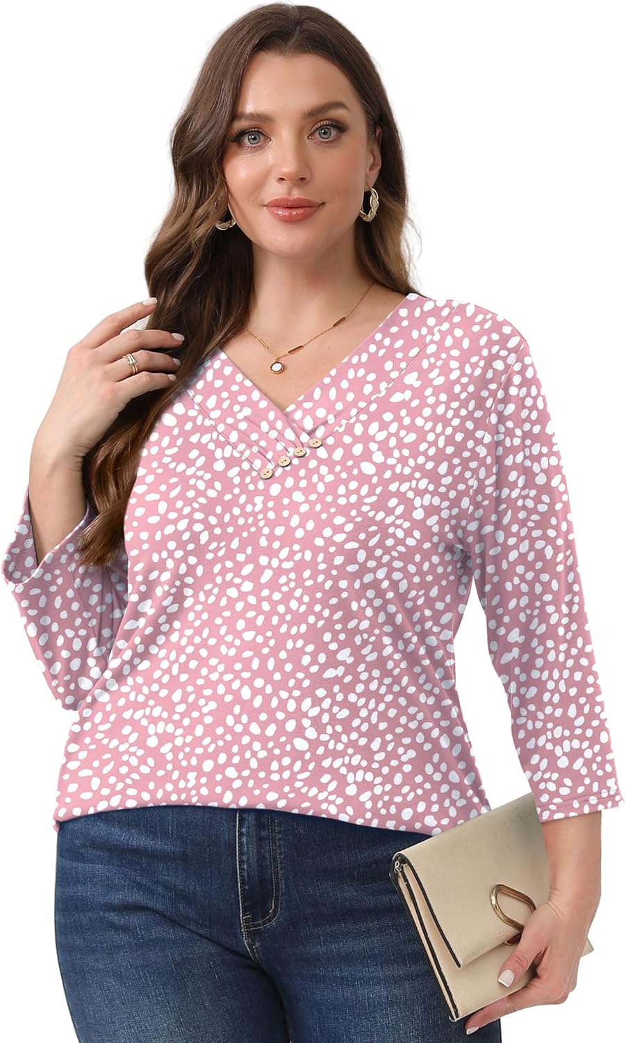 Sampeel Women's V Neck 3/4 Length Sleeve Button Down Shirt - Image 5
