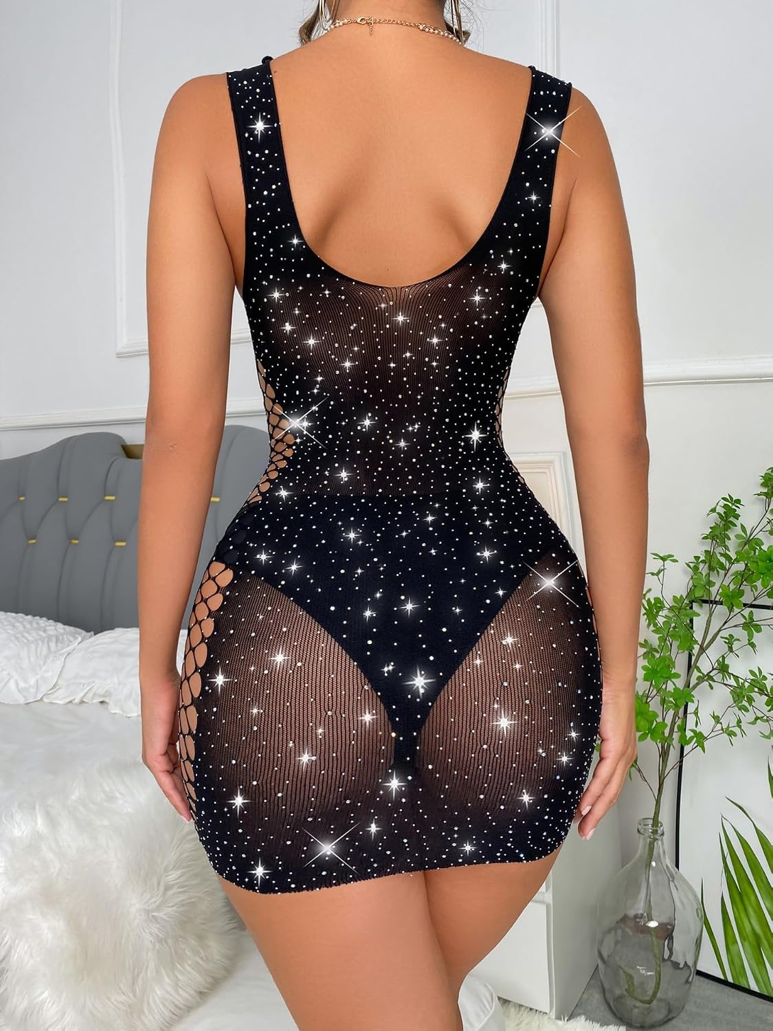 Women's Lingerie Mesh Teddy Fishnet Bodysuit with Rhinestone Hollow Lingerie for Honeymoon Parties Rhinestone Bodysuit