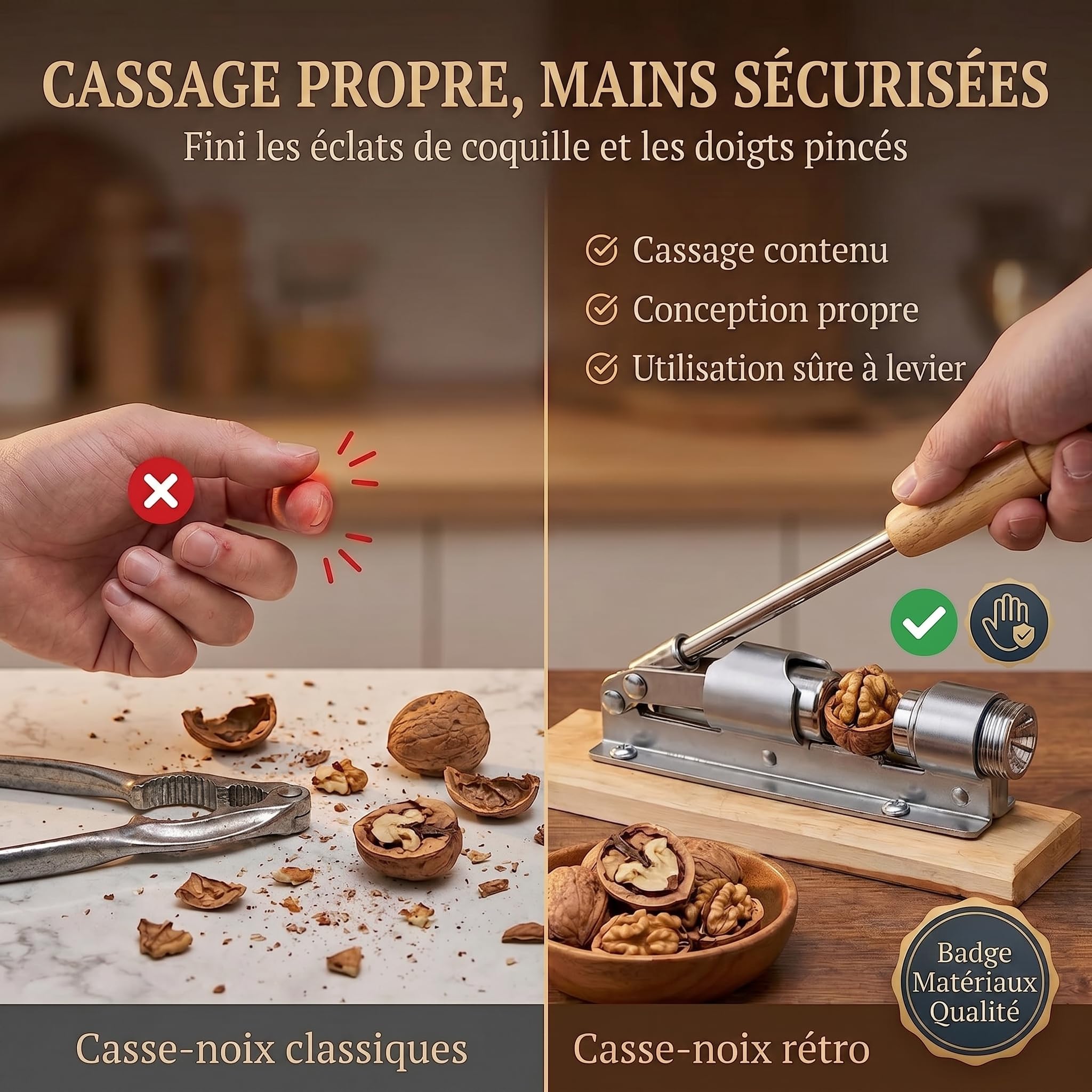 Casse-noisettes au design nostalgique Casse-noisettes en acier inoxydable avec fonction de levier ; ouverture des noix réglable en taille et en puissance.