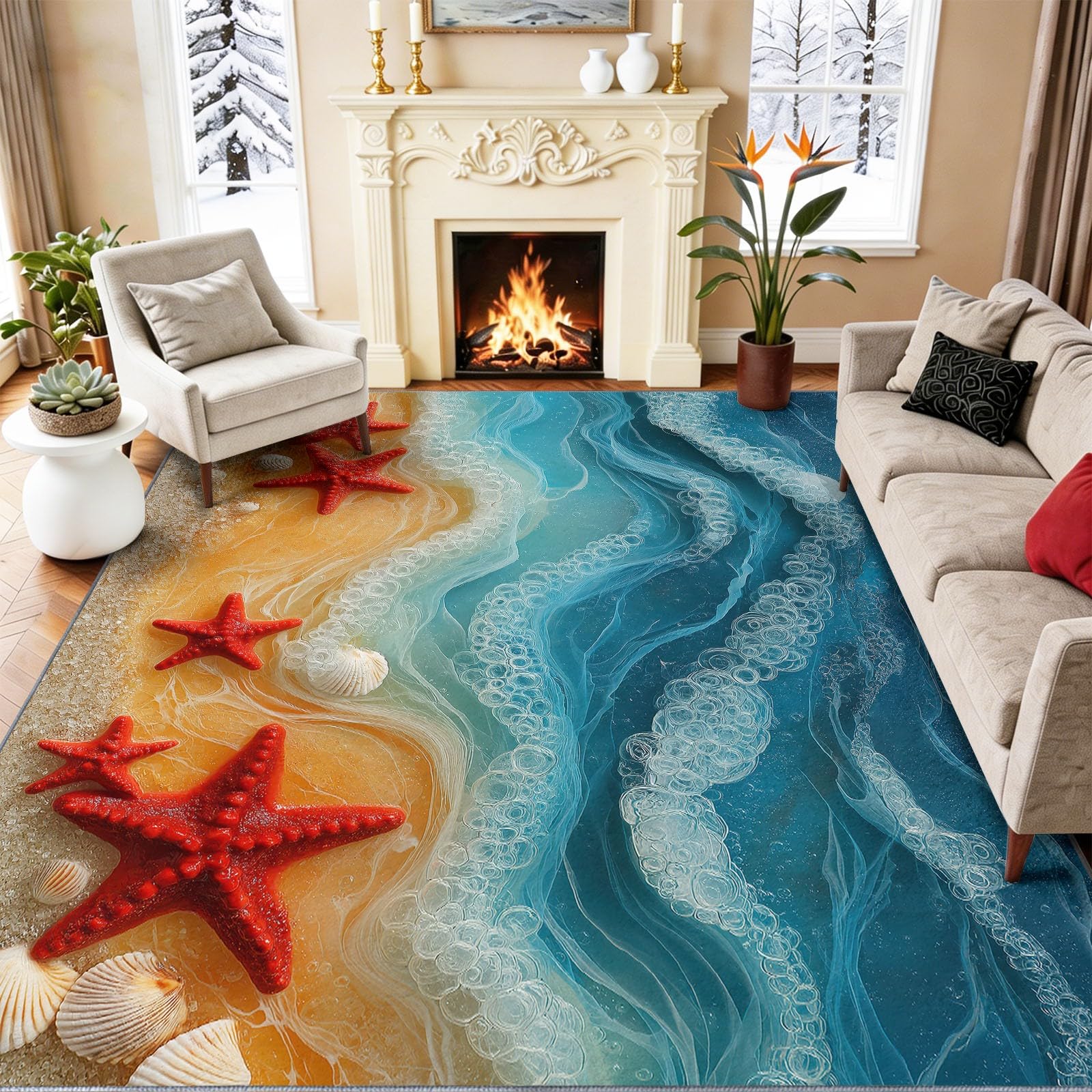 120 x 180 cm Tapis à Poils Courts lavables, Bleu Réaliste Bord De Mer D'Été Carpet Motif, Effet 3D Vagues Étoiles De Mer Coquillages Plage, pour décoration la Chambre Manger à Coucher de Salon