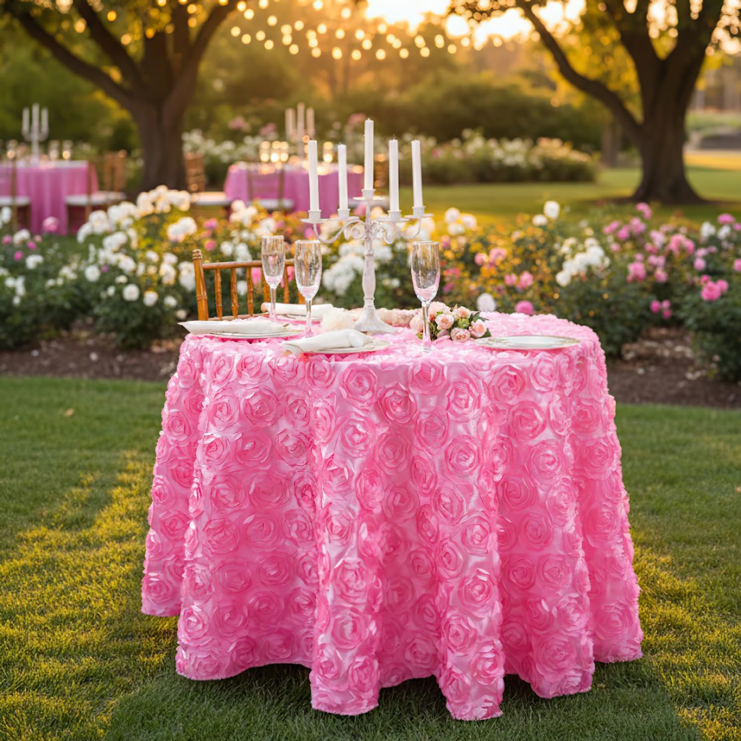 QueenDream Pink 3D Floral Table Cloth for Parties 90 Inch Round Tablecloth Satin Overlay Rosette Tablecloth for Wedding Birthday Tea Party Baby Shower Picnic Table Decorations