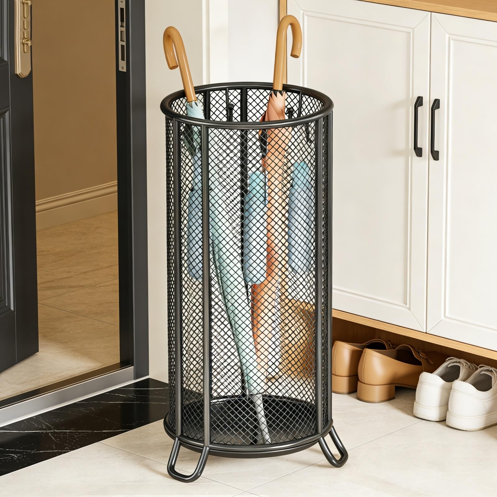 FCXWEVR Large Capacity Umbrella Holder for Entryway - Hollowed Indoor Umbrella Basket with Drip Tray Golf Club nizer & Cane Rack Walking Stick Stand