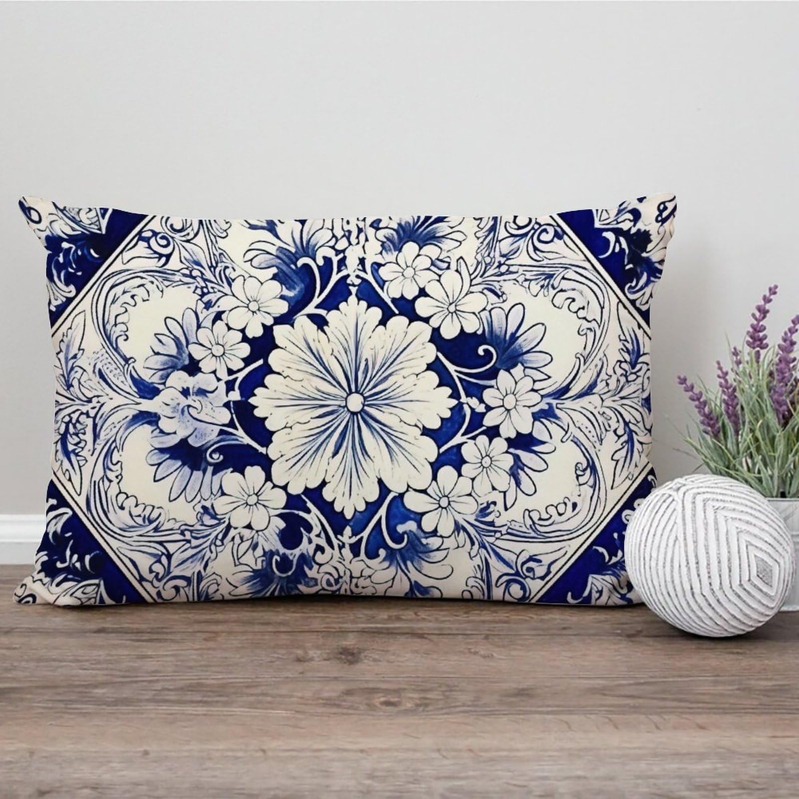 LIGICKY Federa decorativa per cuscino lombare, blu e bianco, 30 x 50 cm, con accenti neutri, rettangolari, intrecciate a mano, con nappe, per divano, letto, soggiorno