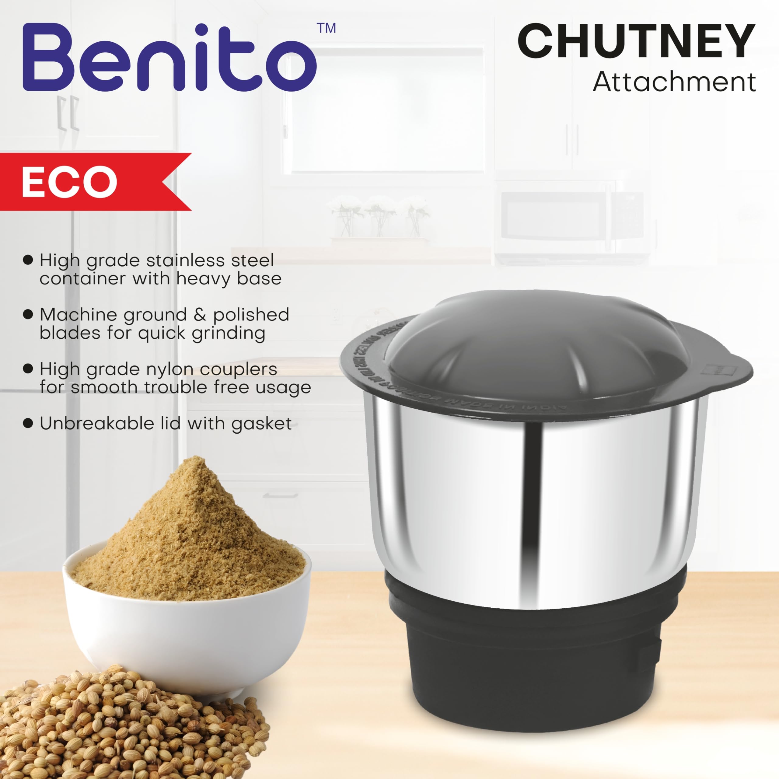 Benito ECO Stainless Steel Chutney Jar(400ml) for Mixer Grinder – Compatible with 4-Teeth Coupler & Dual Locking System — Amazon image 6