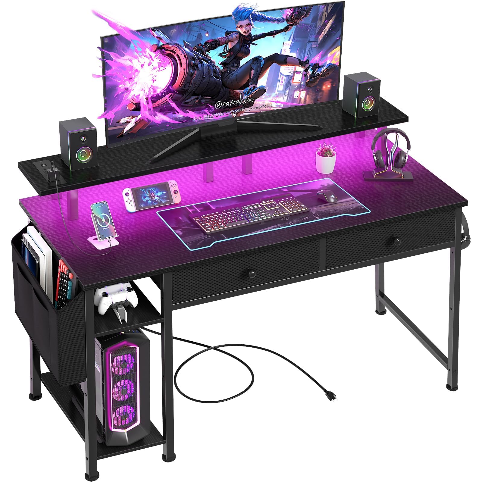 DLisiting Black Gaming Desk with Shelves and Drawers - 39 Inch Small Gaming Desk with Storage Shelves for Boys Teens Bedroom, Black Computer Desks with Drawers, Monitor Stand, Power Outlet: Black 39.4''