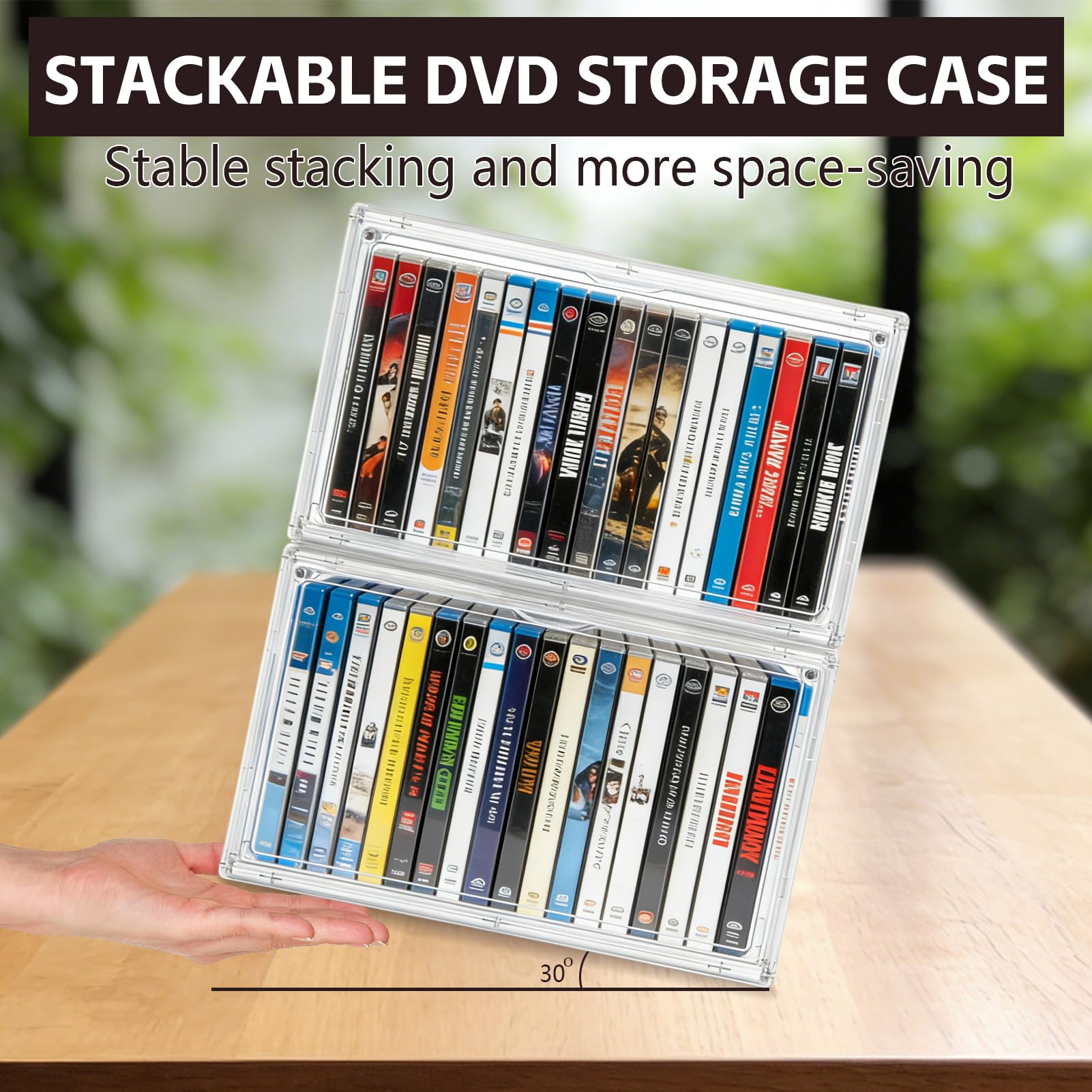 Paquete de 2 cajas de almacenamiento de DVD y CD de acrílico apilables, organizador de CD de plástico transparente con cubierta magnética abatible a prueba de polvo, almacenamiento de medios para