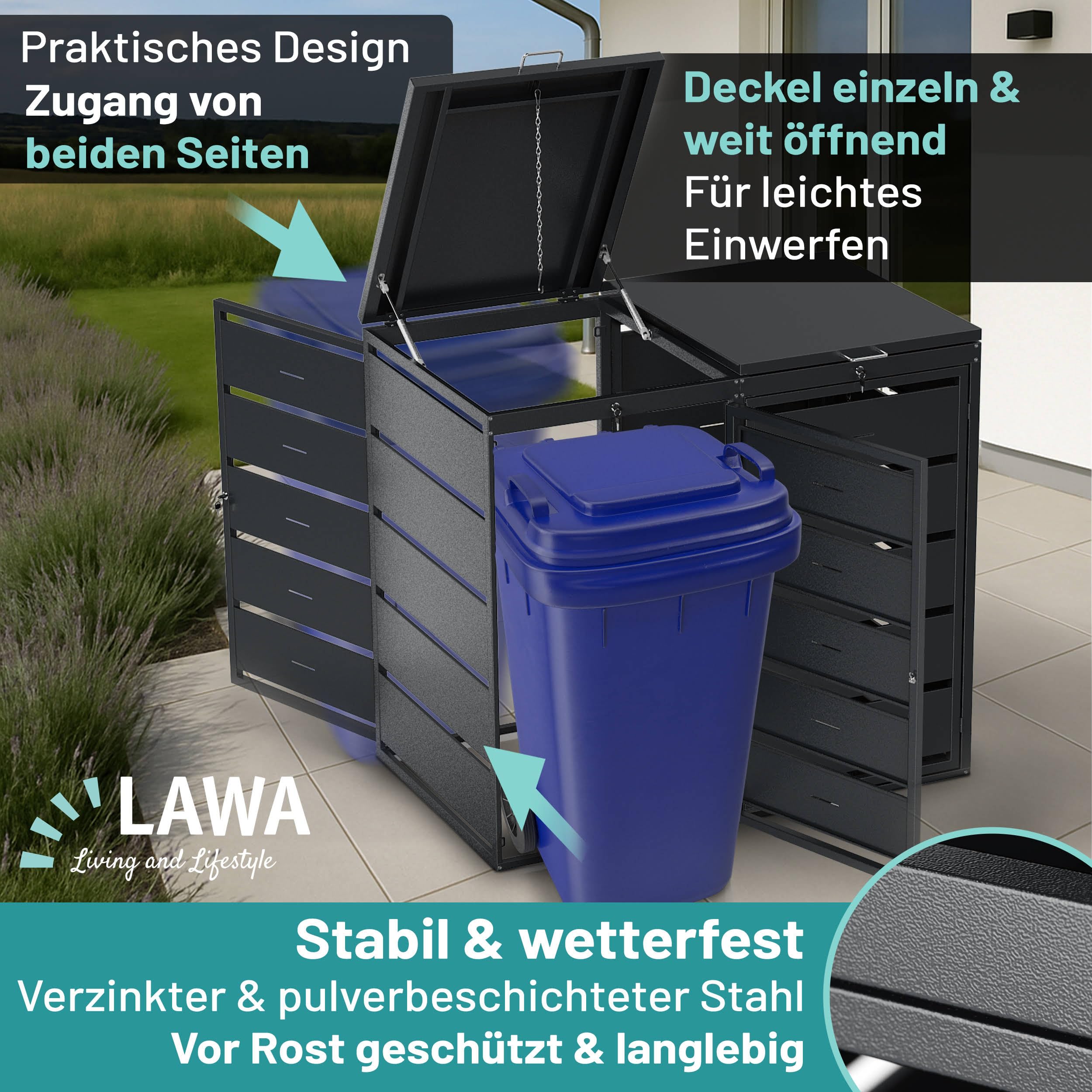 Mülltonnenbox 2X 240L Mülltonnen verzinkter pulverbeschichteter Stahl 4 Türen & 2 Deckel abschließbar mit Gasdruckfedern & Geräuschdämpfer Lüftungsschlitze Anthrazit RAL 7016