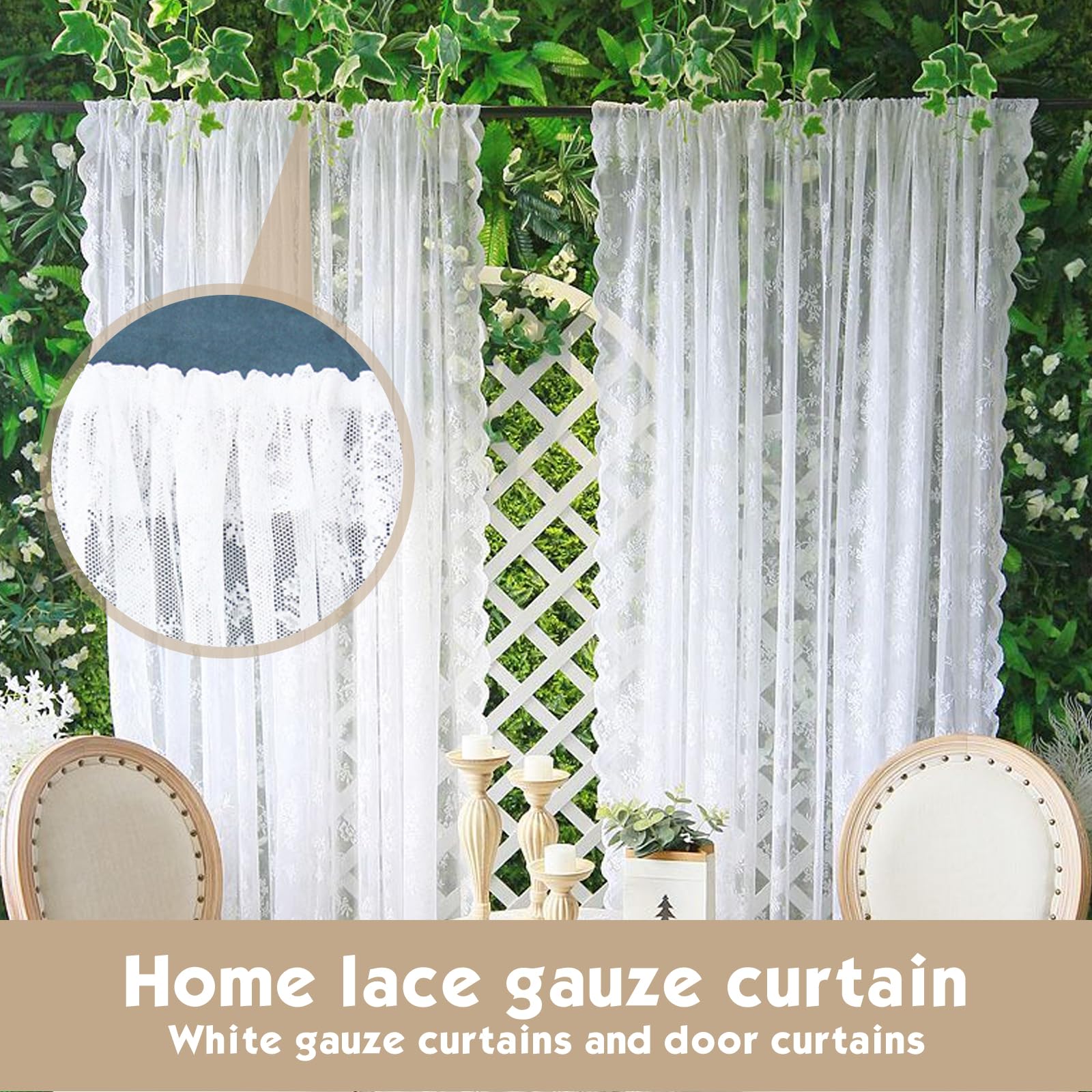 Set di 2 tende in pizzo bianco, ricamate con fiori, in voile, 150 x 200 cm, vintage, in voile ricamato, trasparenti, per camera da letto, soggiorno, terrazza, matrimonio