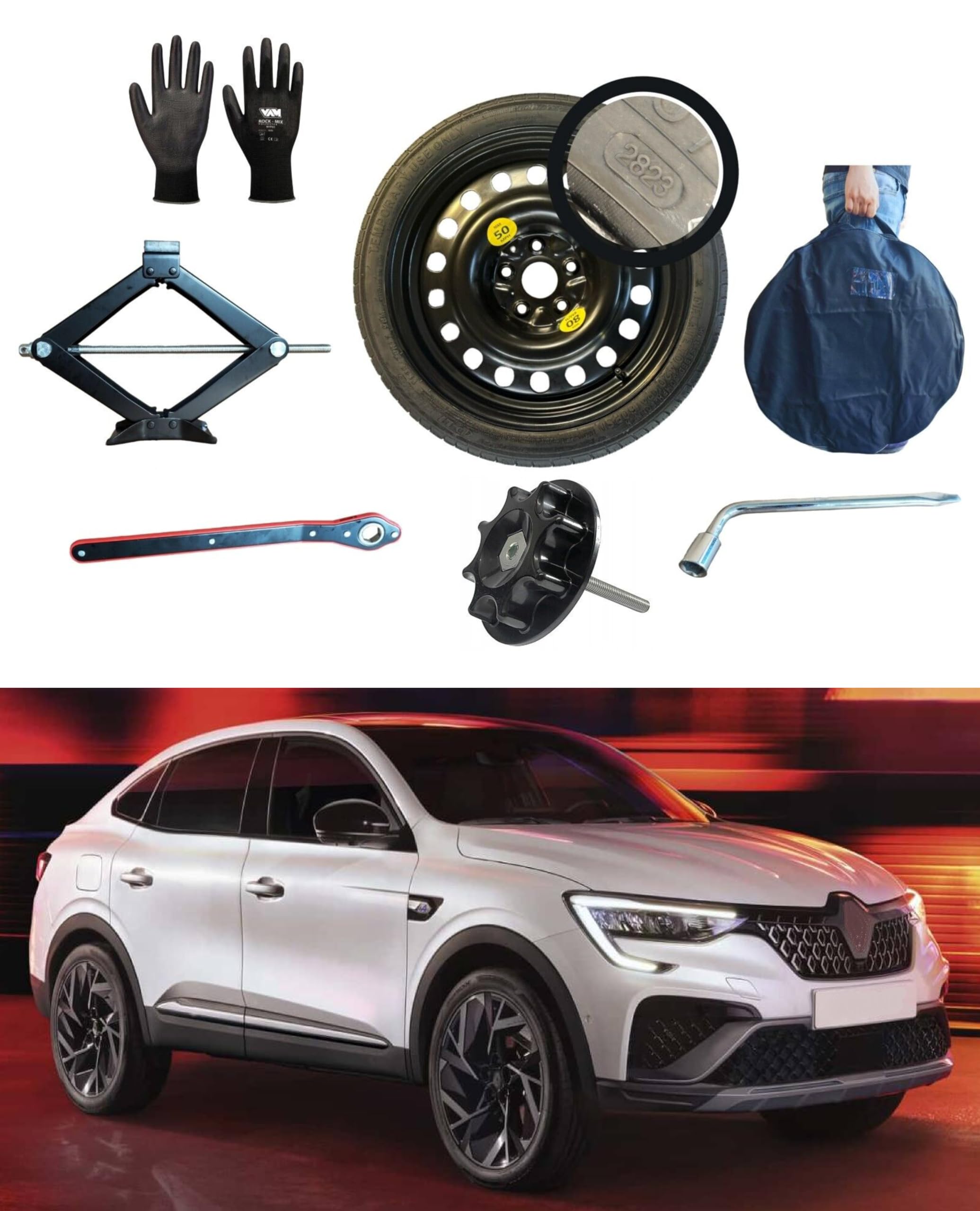 Kit Ruotino di Scorta 18" compatibile con Renault Arkana con Cric, Chiave, Vite, Guanti e Sacca