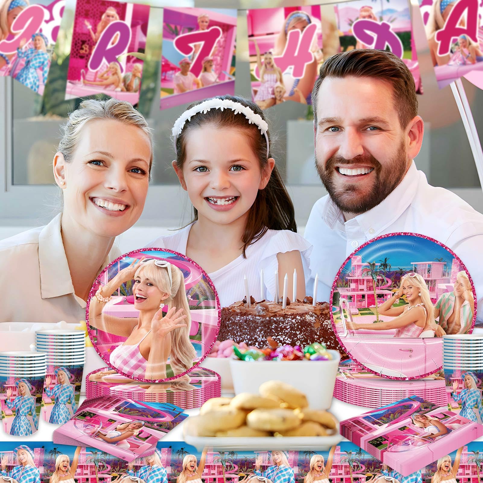 Decorazioni con Fiocco Rosa - Stoviglie per Festa con Piatti da Dessert, Bicchieri, Tovaglioli, Cannucce per Compleanno Coquette Ragazze, 20 Pezzi