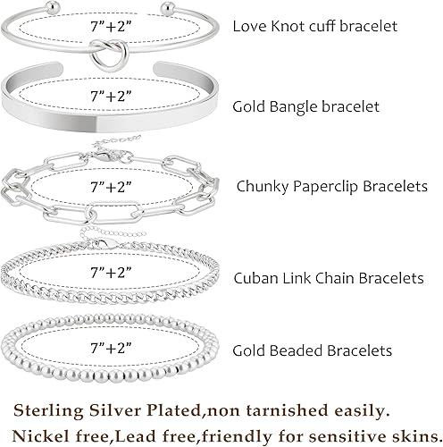 Miniatura 5 de 14K Gold Plated Bangle Cuff Bracelet Set for Women Bracelet Stack Adjustable TennisBeadedPaperclipCuban Link Chain Bracelets Jewelry