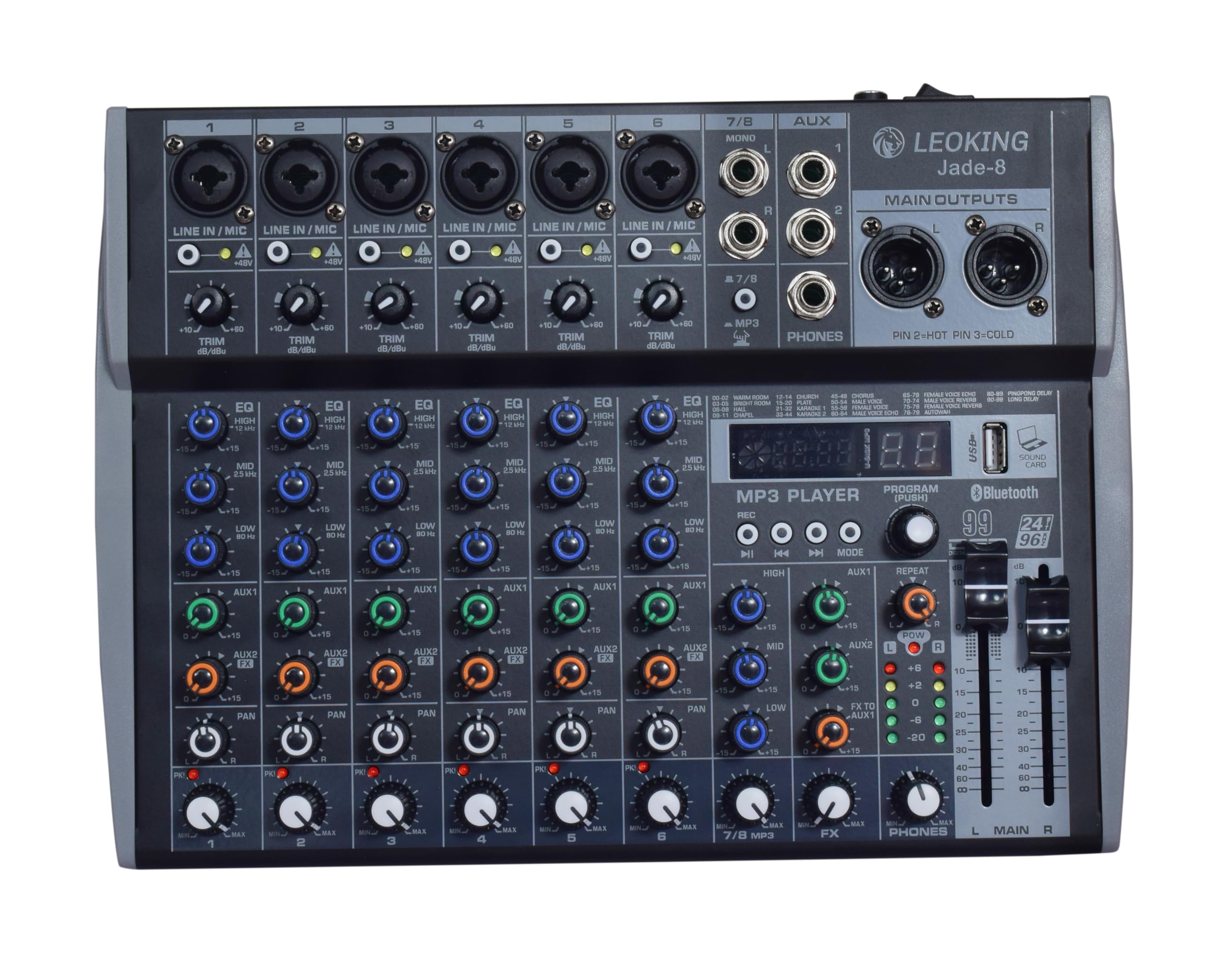 kh 8 Channel Professional Audio Mixer Console 6 XLR + 2 Mono,2 XLR Output,2 Aux Input Sound Board 99 DSP Independent 48V Phantom Power, BT, USB Audio Interface for Studio Stage Party Home Recording-image-16