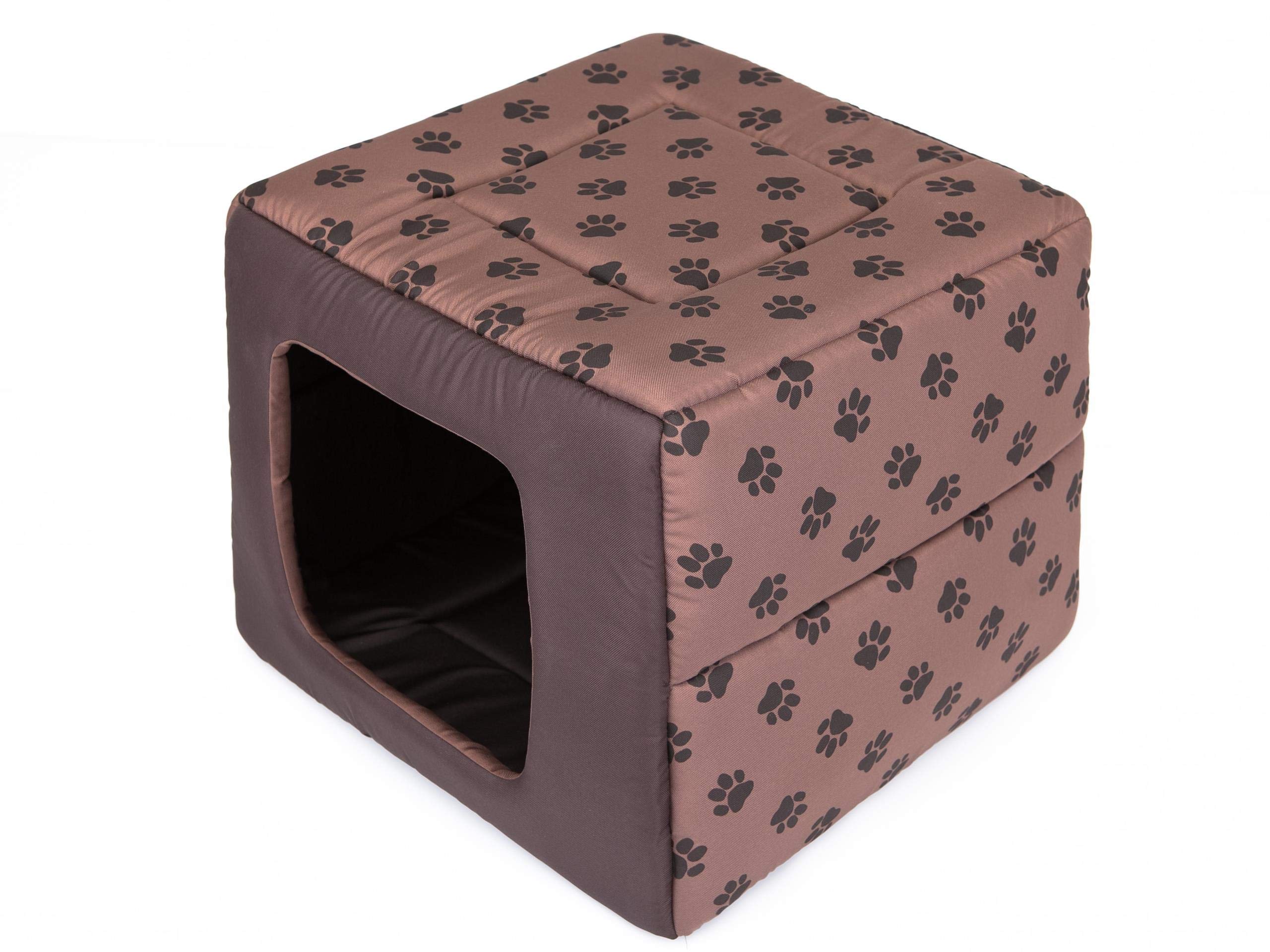 PillowPrim Legowisko dla psa 2 w 1, domek dla psa, legowisko dla psa, legowisko dla zwierząt, jasnobrązowe, ze łapami, rozmiar XL, 53 x 53 cm
