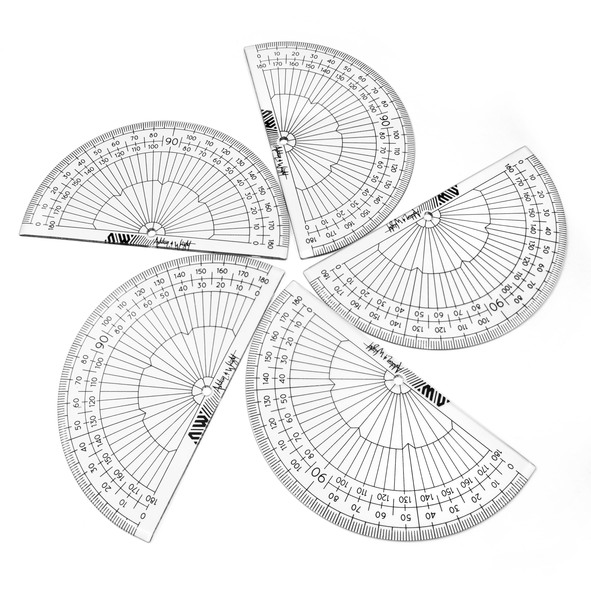 Ashton and Wright - 180 Degree Protractor - 10cm - Lightweight School Protractors (Clear, Pack of 5)