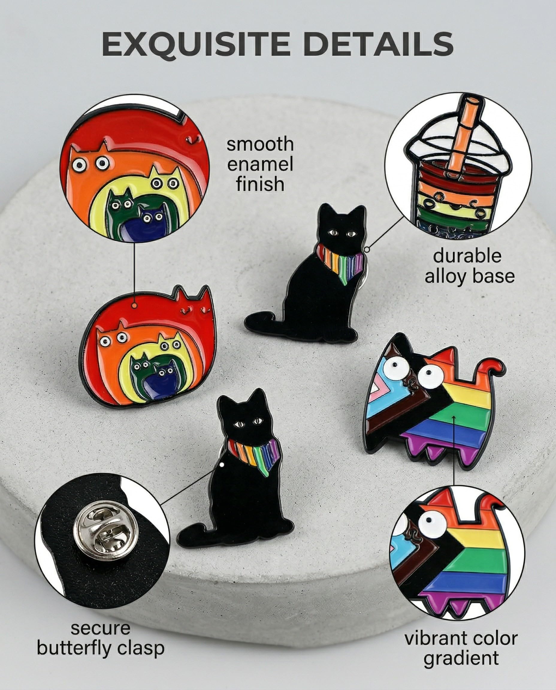 Set di 6 Spille Smaltate Gatto Arcobaleno Cartone Animato, divertenti e colorate. Ideali per Zaini, Vestiti, Borse. Idee Regalo Uniche.